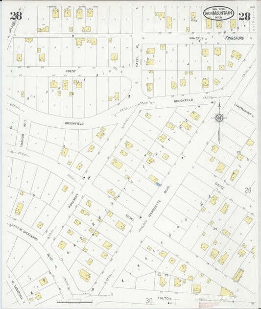 Sanborn Fire Insurance Map from Iron Mountain, Dickinson County, Michigan (1930), Sheet #0028 - Historic Sanborn Fire Insurance Map Print, vintage old map wall art, antique decor, genealogy gift, Michigan Michigan map