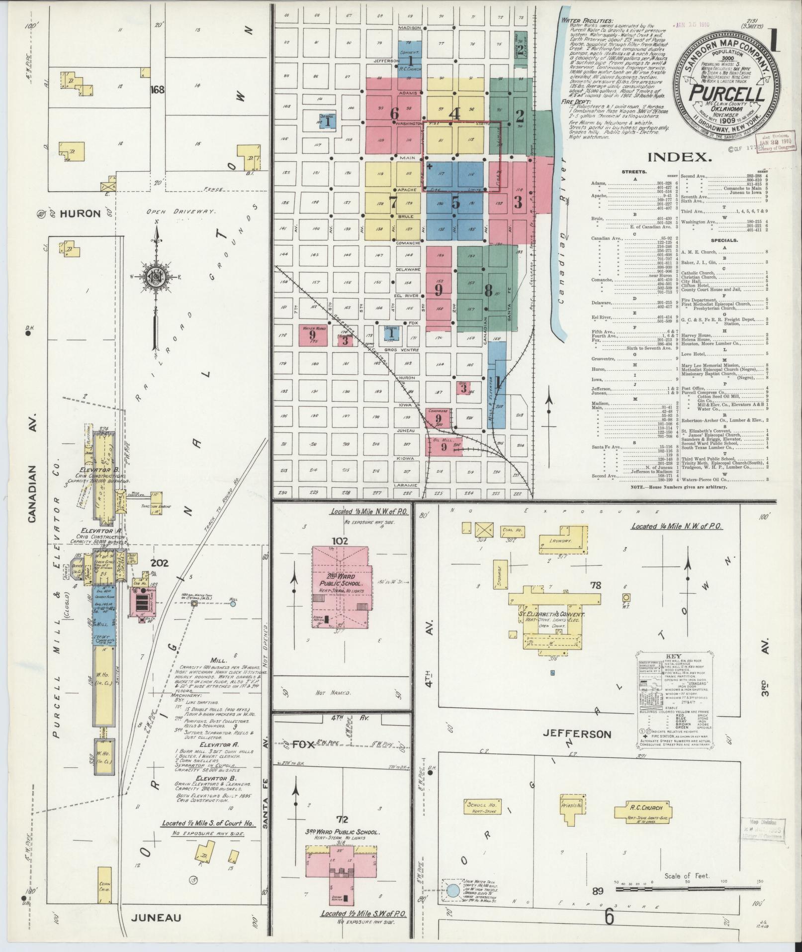Sanborn Fire Insurance Map from Purcell, McClain County, Oklahoma (1909), Sheet #0001 - Historic Sanborn Fire Insurance Map Print, vintage old map wall art, antique decor, genealogy gift, Oklahoma Oklahoma map
