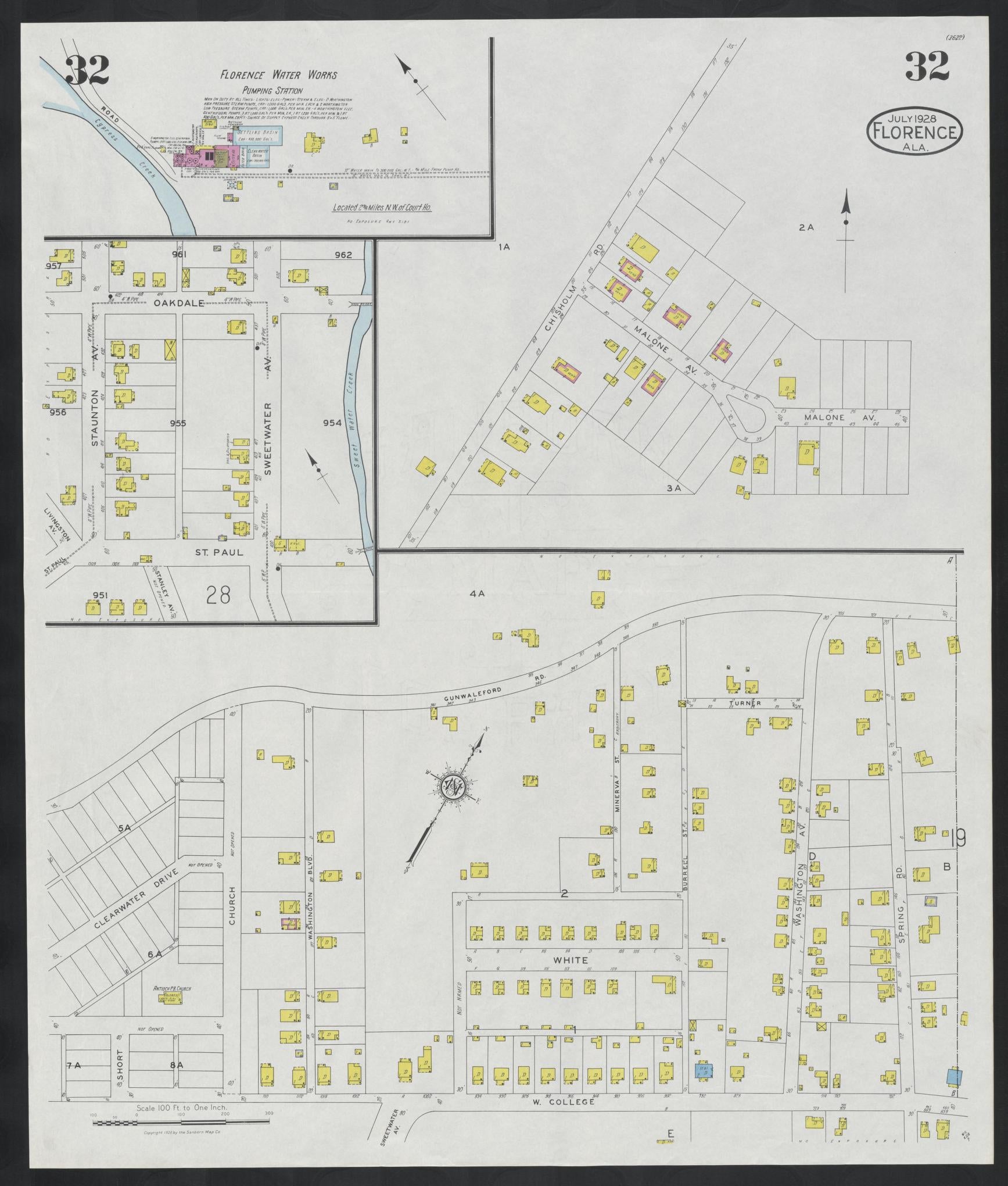 Sanborn Fire Insurance Map from Florence, Lauderdale County, Alabama (1928), Sheet #0032 - Historic Sanborn Fire Insurance Map Print, vintage old map wall art, antique decor, genealogy gift, Alabama Alabama map