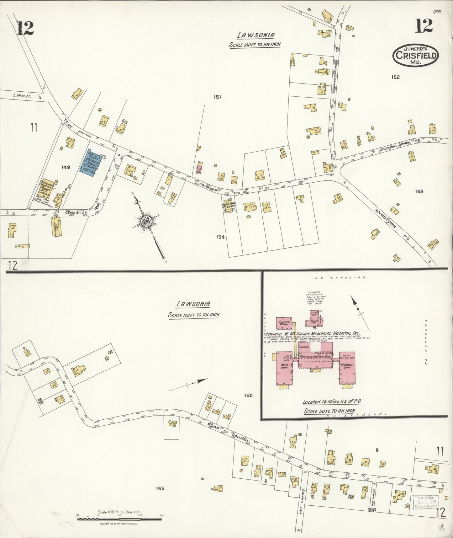 Sanborn Fire Insurance Map from Crisfield, Somerset County, Maryland (1923), Sheet #0012 - Historic Sanborn Fire Insurance Map Print, vintage old map wall art, antique decor, genealogy gift, Maryland Maryland map
