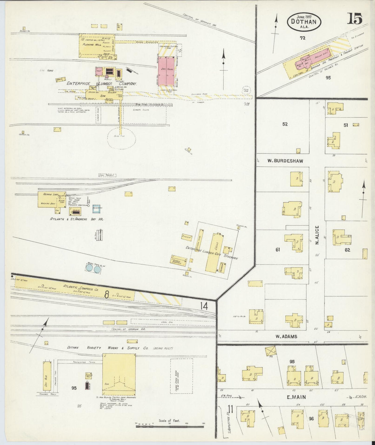 Sanborn Fire Insurance Map from Dothan, Houston County, Alabama (1907), Sheet #0015 - Historic Sanborn Fire Insurance Map Print, vintage old map wall art, antique decor, genealogy gift, Alabama Alabama map