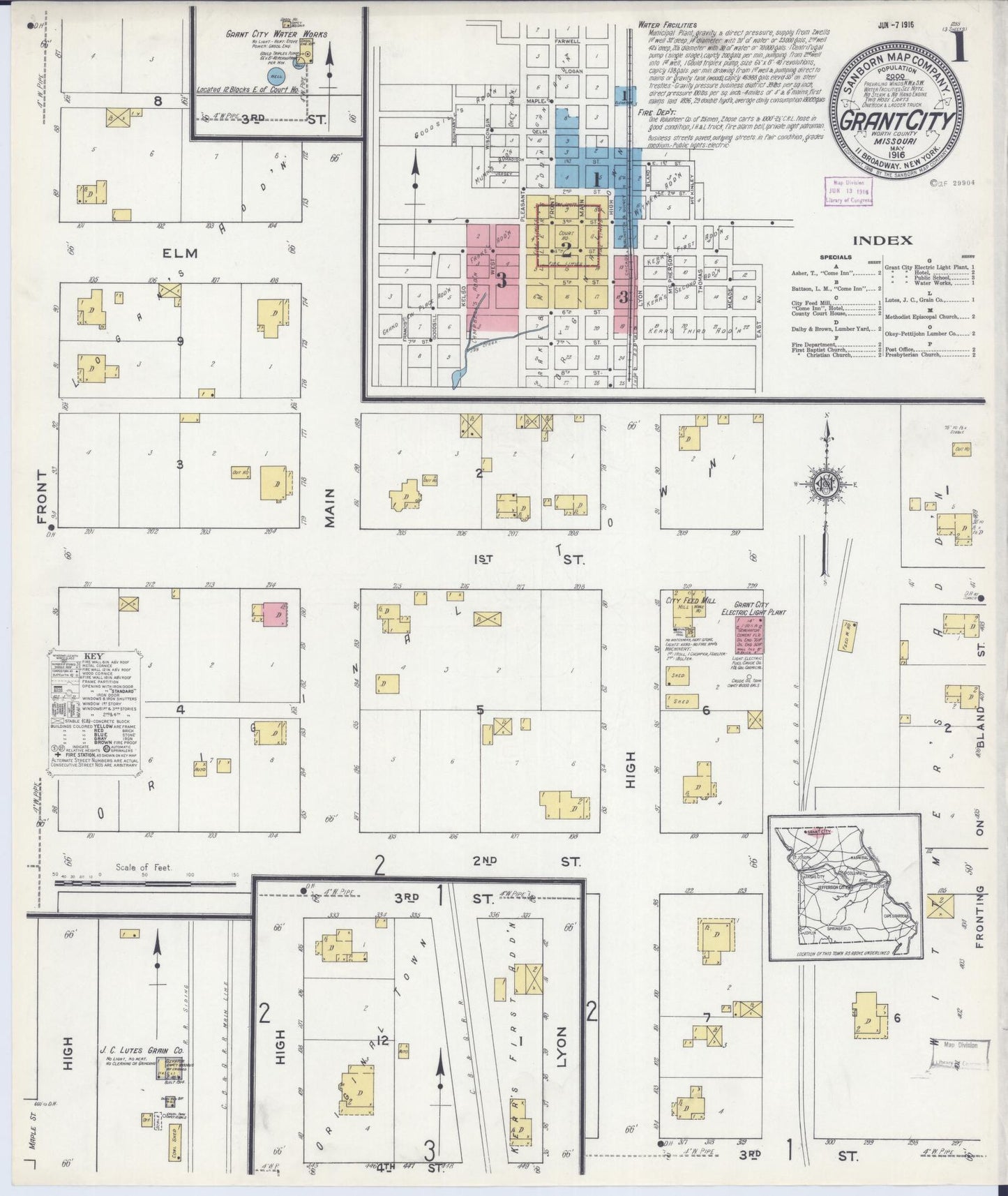 Sanborn Fire Insurance Map from Grant City, Worth County, Missouri (1916), Sheet #0001 - Complete Map Set gallery image, historic Sanborn map, vintage wall art, Missouri Missouri