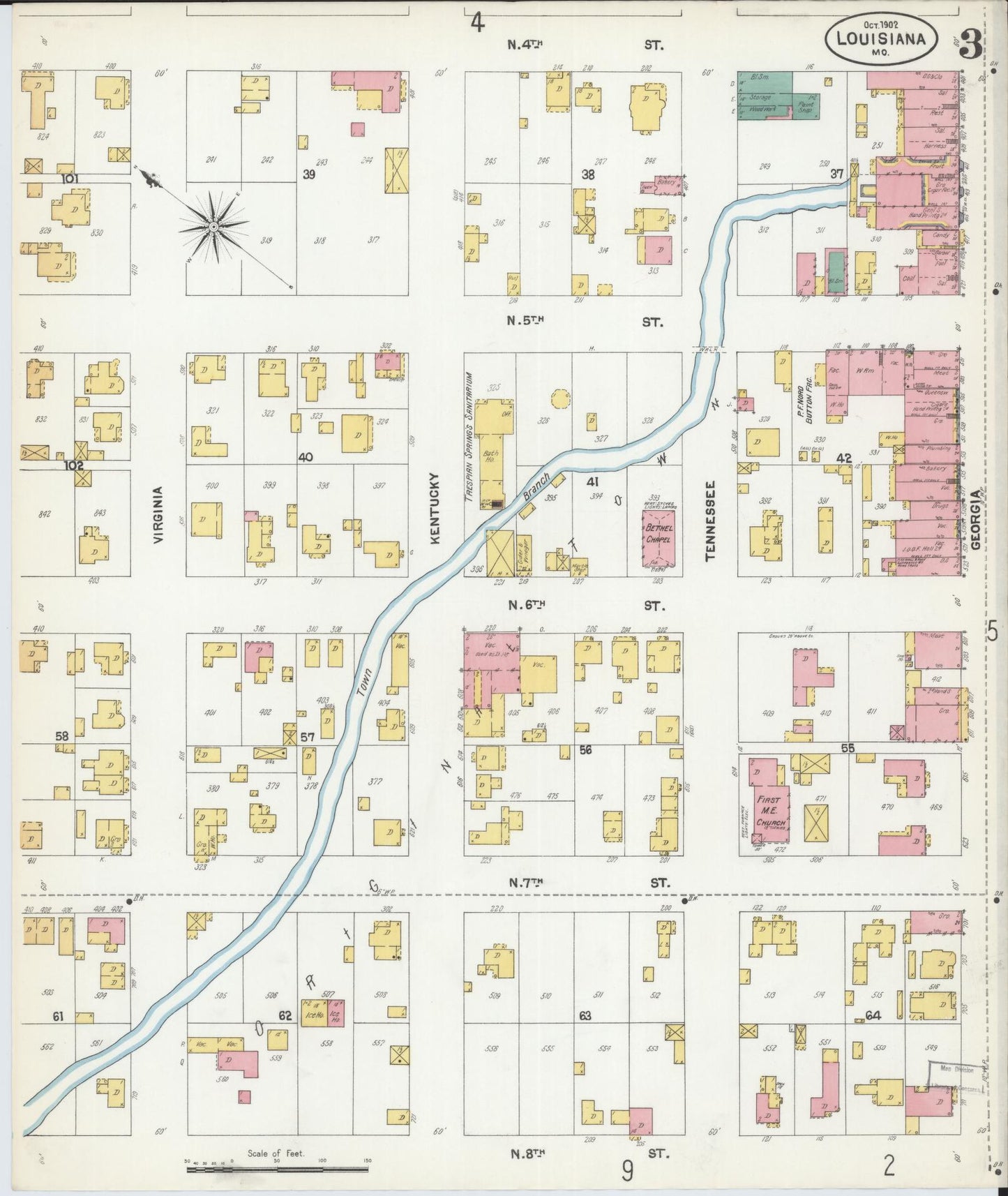 Sanborn Fire Insurance Map from Louisiana, Pike County, Missouri (1902), Sheet #0003 - Complete Map Set gallery image, historic Sanborn map, vintage wall art, Missouri Missouri