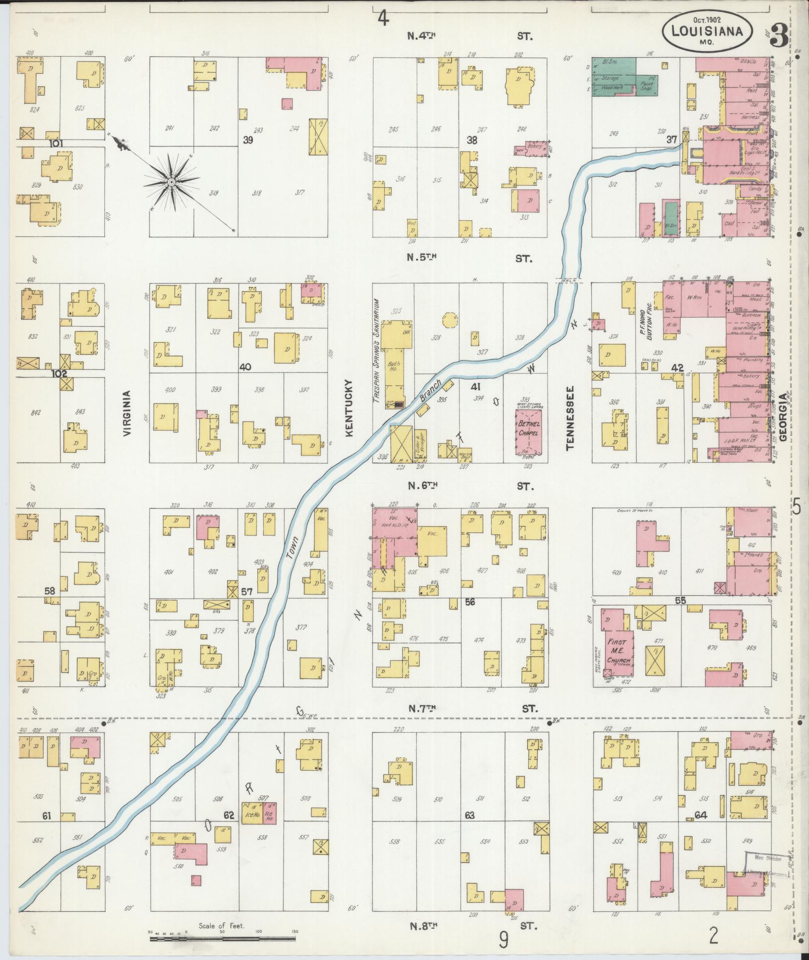 Sanborn Fire Insurance Map from Louisiana, Pike County, Missouri (1902), Sheet #0003 - Complete Map Set gallery image, historic Sanborn map, vintage wall art, Missouri Missouri