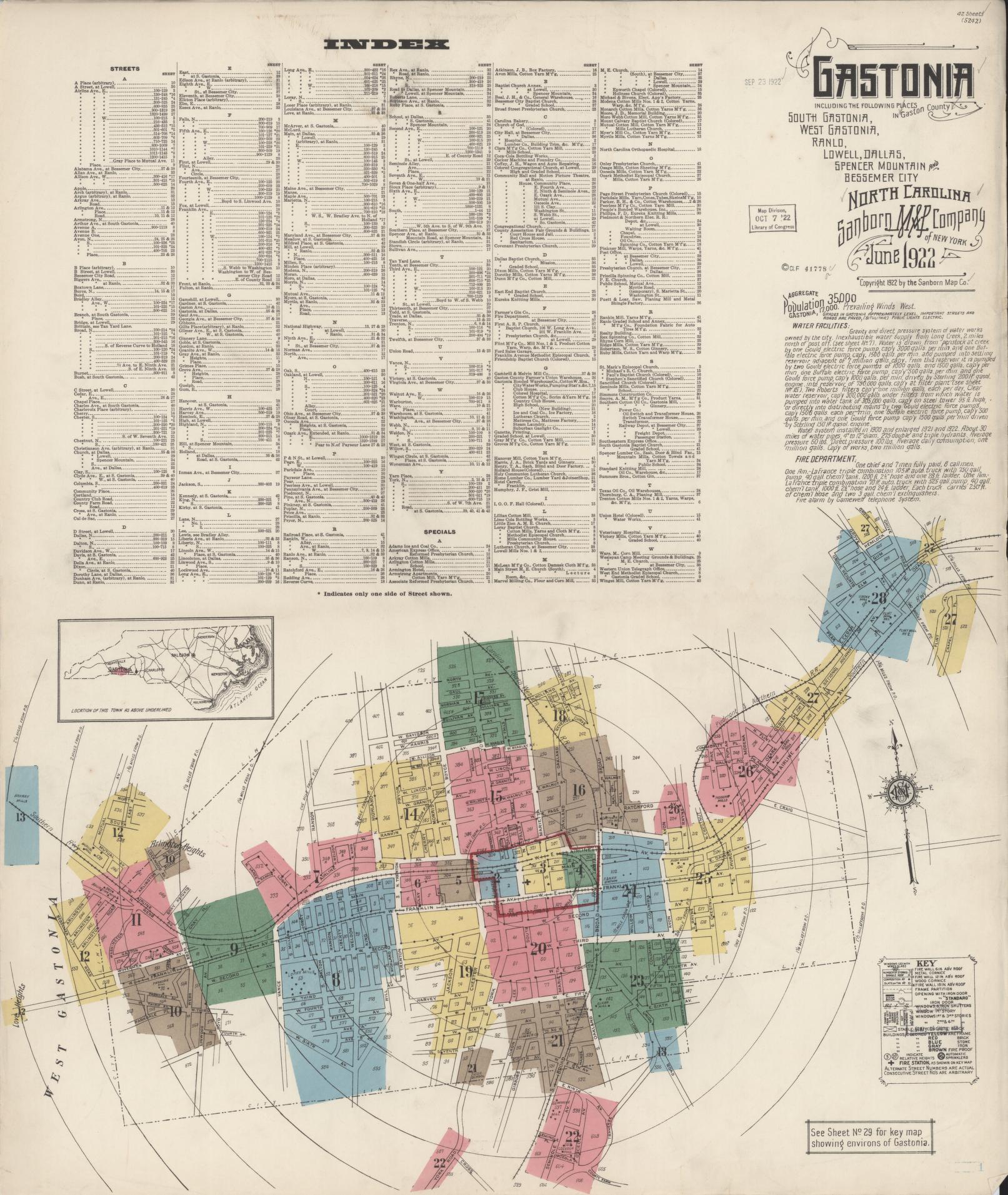 Sanborn Fire Insurance Map from Gastonia, Gaston County, North Carolina (1922), Sheet #0001 - Complete Map Set gallery image, historic Sanborn map, vintage wall art, North Carolina North Carolina