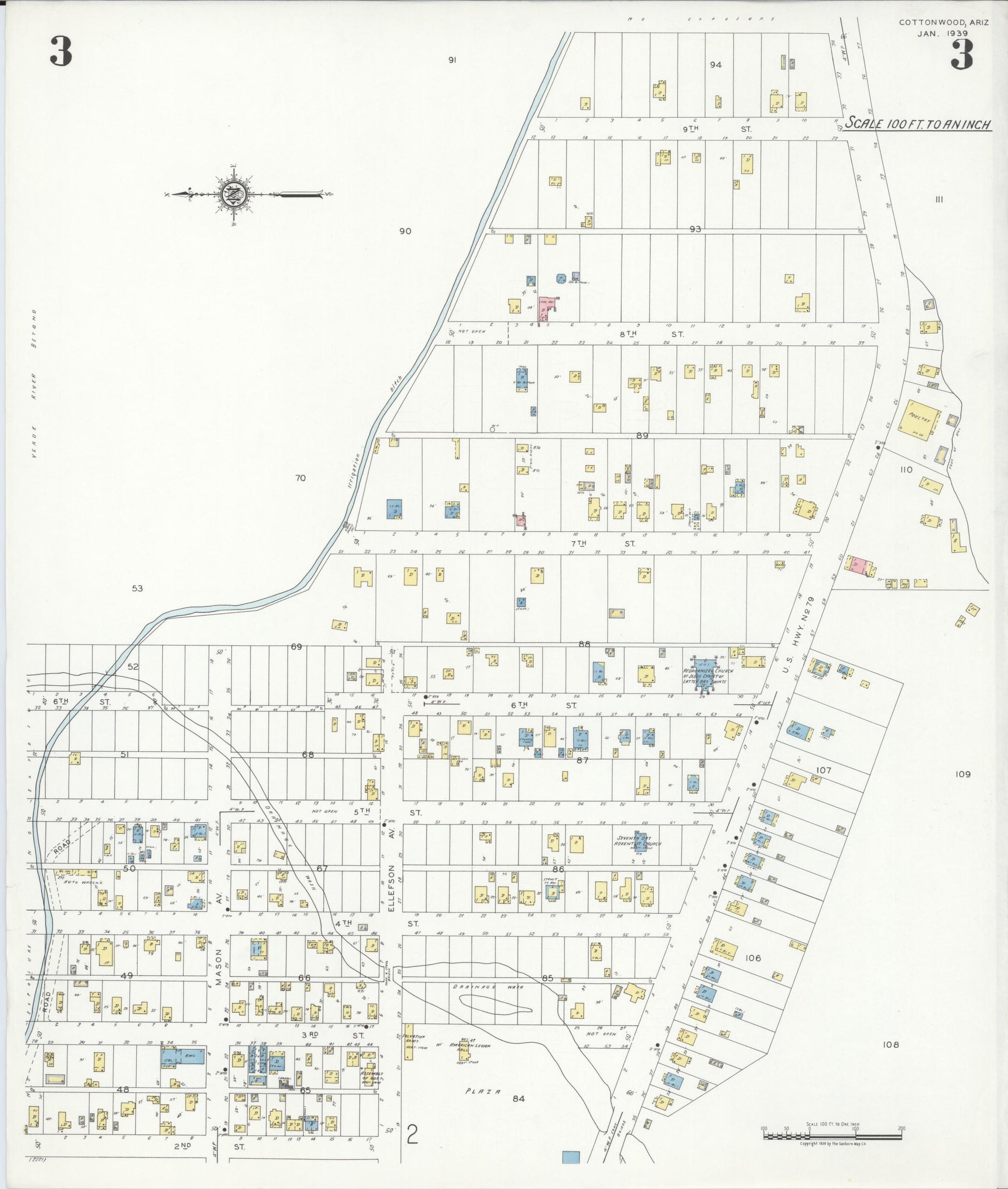 Sanborn Fire Insurance Map from Cottonwood, Yavapai County, Arizona (1939), Sheet #0003 - Complete Map Set gallery image, historic Sanborn map, vintage wall art, Arizona Arizona