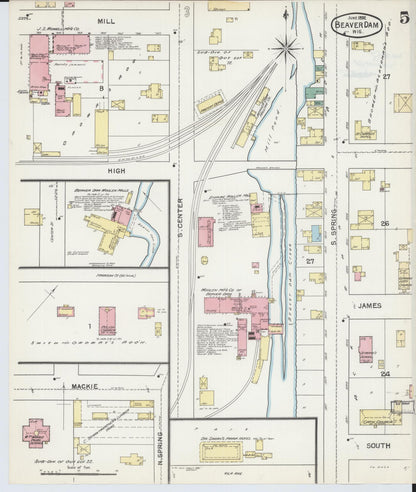 Sanborn Fire Insurance Map from Beaver Dam, Dodge County, Wisconsin (1892), Sheet #0005 - Historic Sanborn Fire Insurance Map Print, vintage old map wall art, antique decor, genealogy gift, Wisconsin Wisconsin map