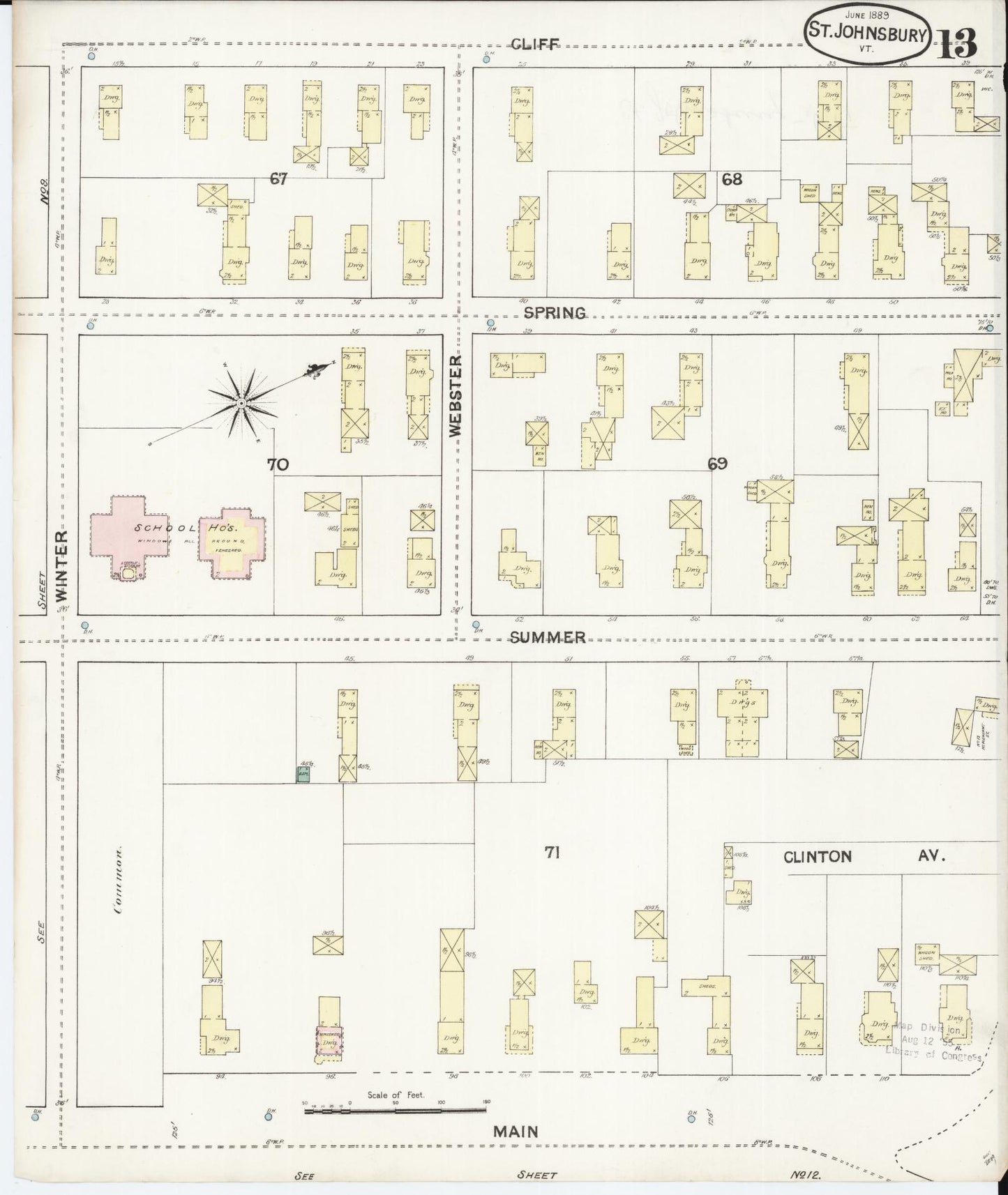Sanborn Fire Insurance Map from Saint Johnsbury, Caledonia County, Vermont (1889), Sheet #0013 - Historic Sanborn Fire Insurance Map Print, vintage old map wall art, antique decor, genealogy gift, Vermont Vermont map