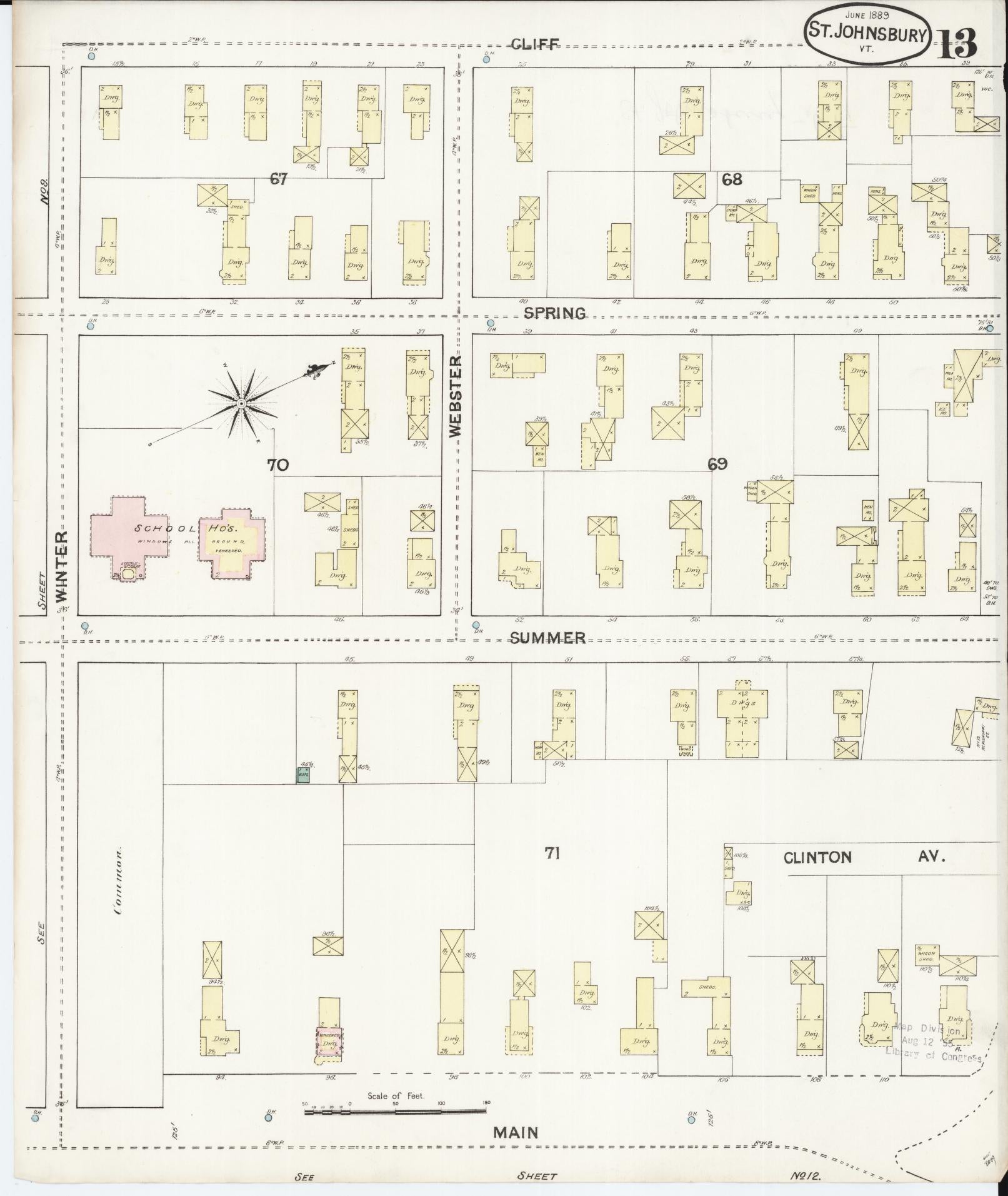 Sanborn Fire Insurance Map from Saint Johnsbury, Caledonia County, Vermont (1889), Sheet #0013 - Historic Sanborn Fire Insurance Map Print, vintage old map wall art, antique decor, genealogy gift, Vermont Vermont map