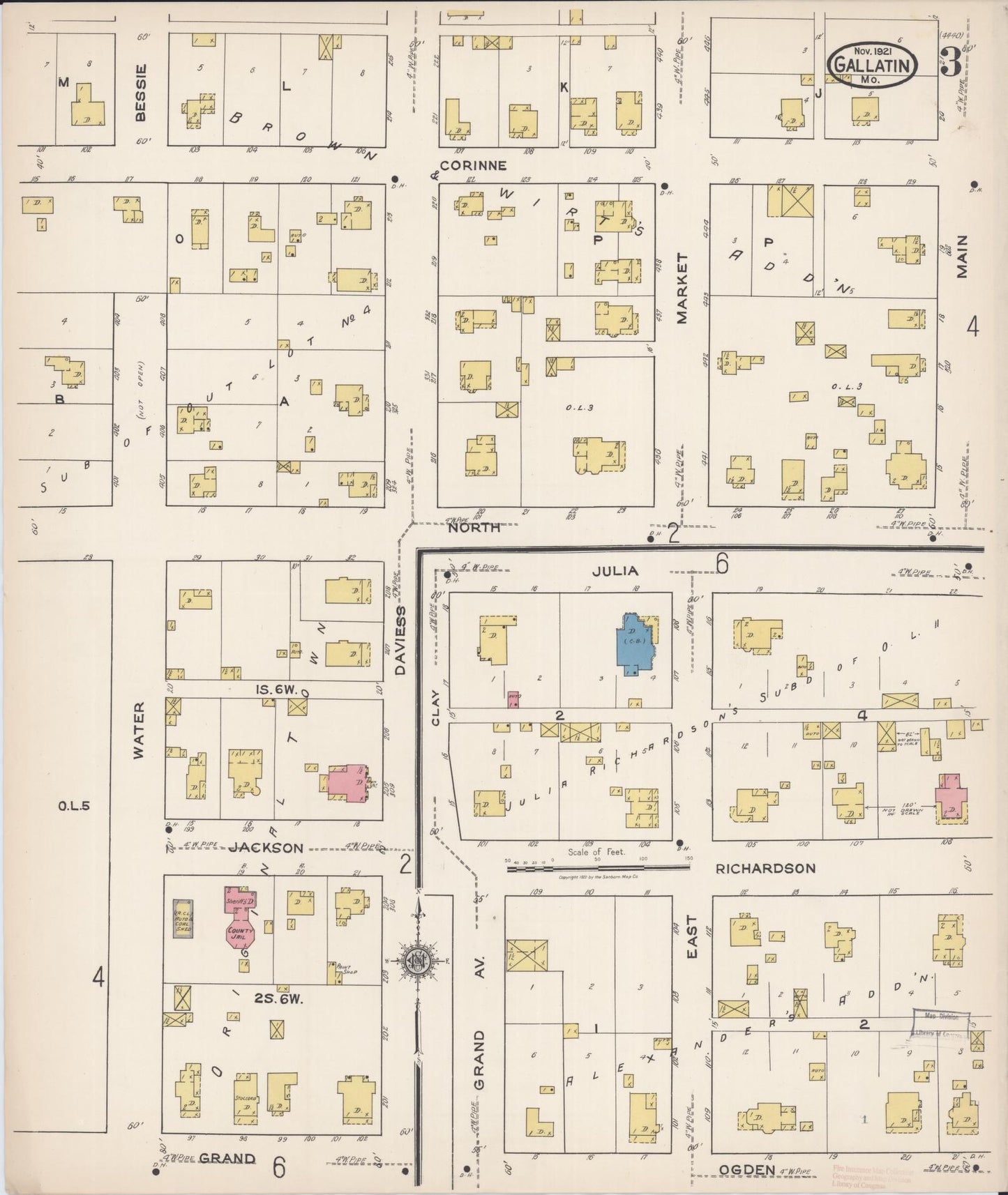 Sanborn Fire Insurance Map from Gallatin, Daviess County, Missouri (1921), Sheet #0003 - Complete Map Set gallery image, historic Sanborn map, vintage wall art, Missouri Missouri