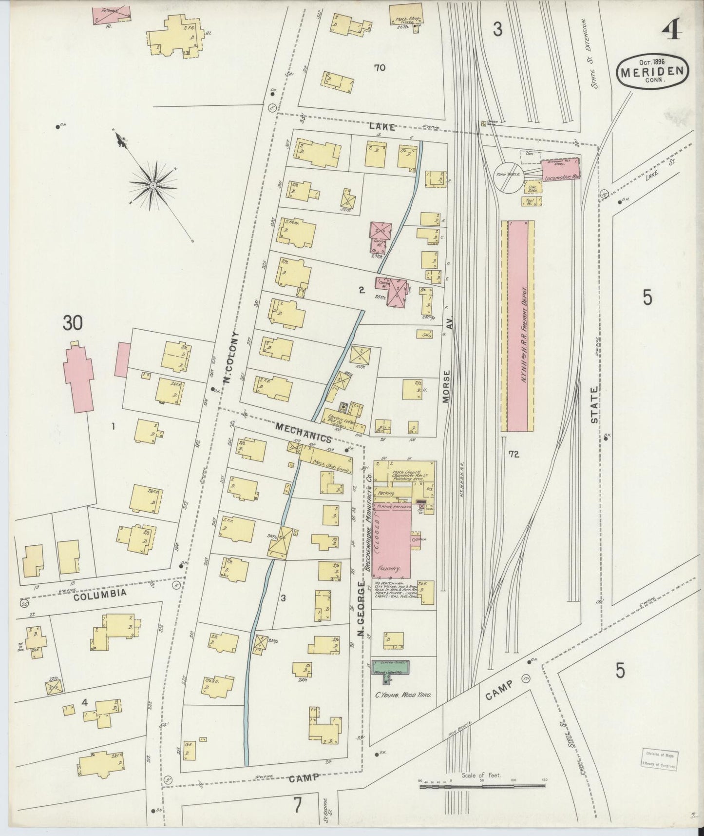 Sanborn Fire Insurance Map from Meriden, New Haven County, Connecticut (1896), Sheet #0004 - Complete Map Set gallery image, historic Sanborn map, vintage wall art, Connecticut Connecticut