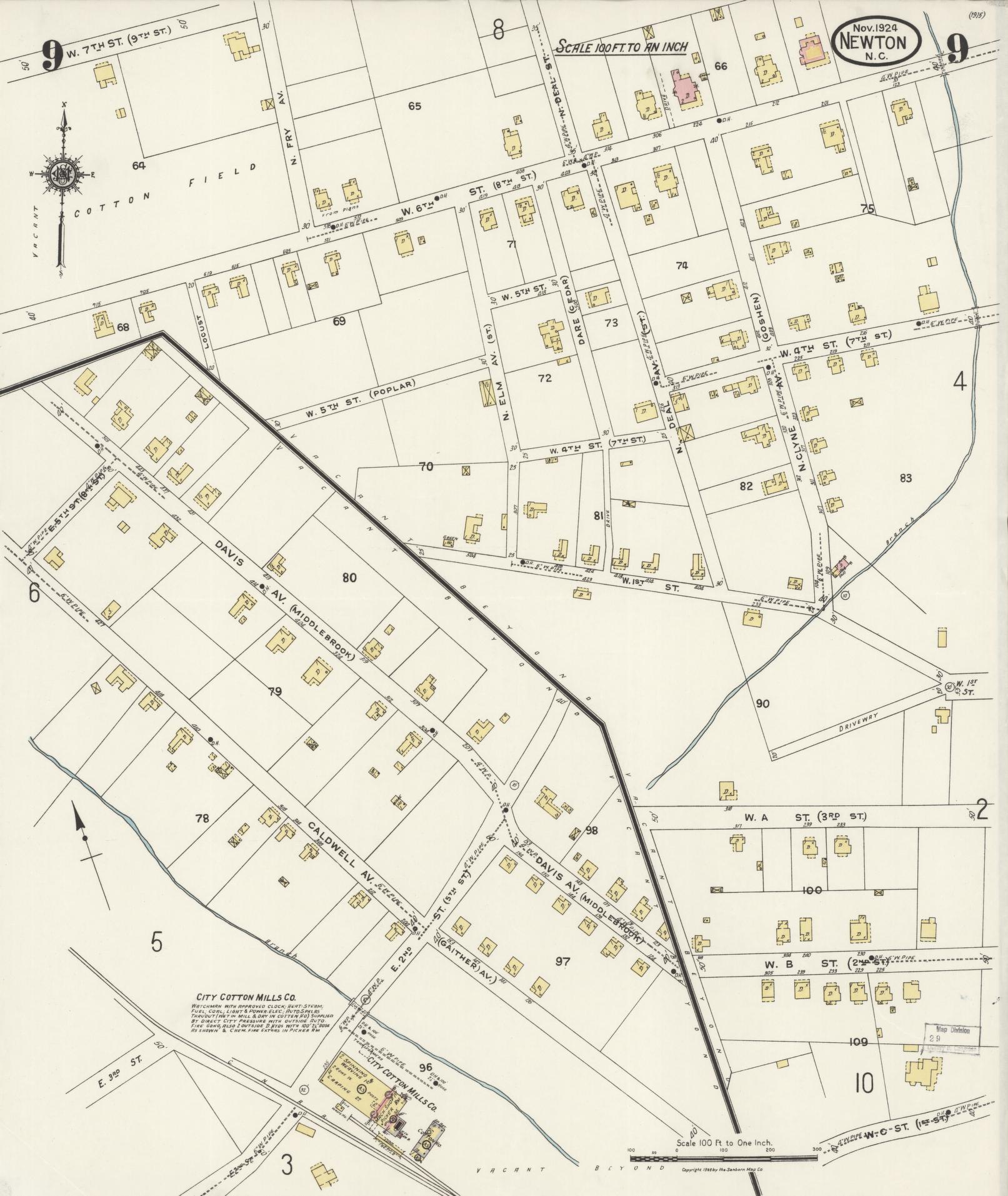 Sanborn Fire Insurance Map from Newton, Catawba County, North Carolina (1924), Sheet #0009 - Historic Sanborn Fire Insurance Map Print, vintage old map wall art, antique decor, genealogy gift, North Carolina North Carolina map
