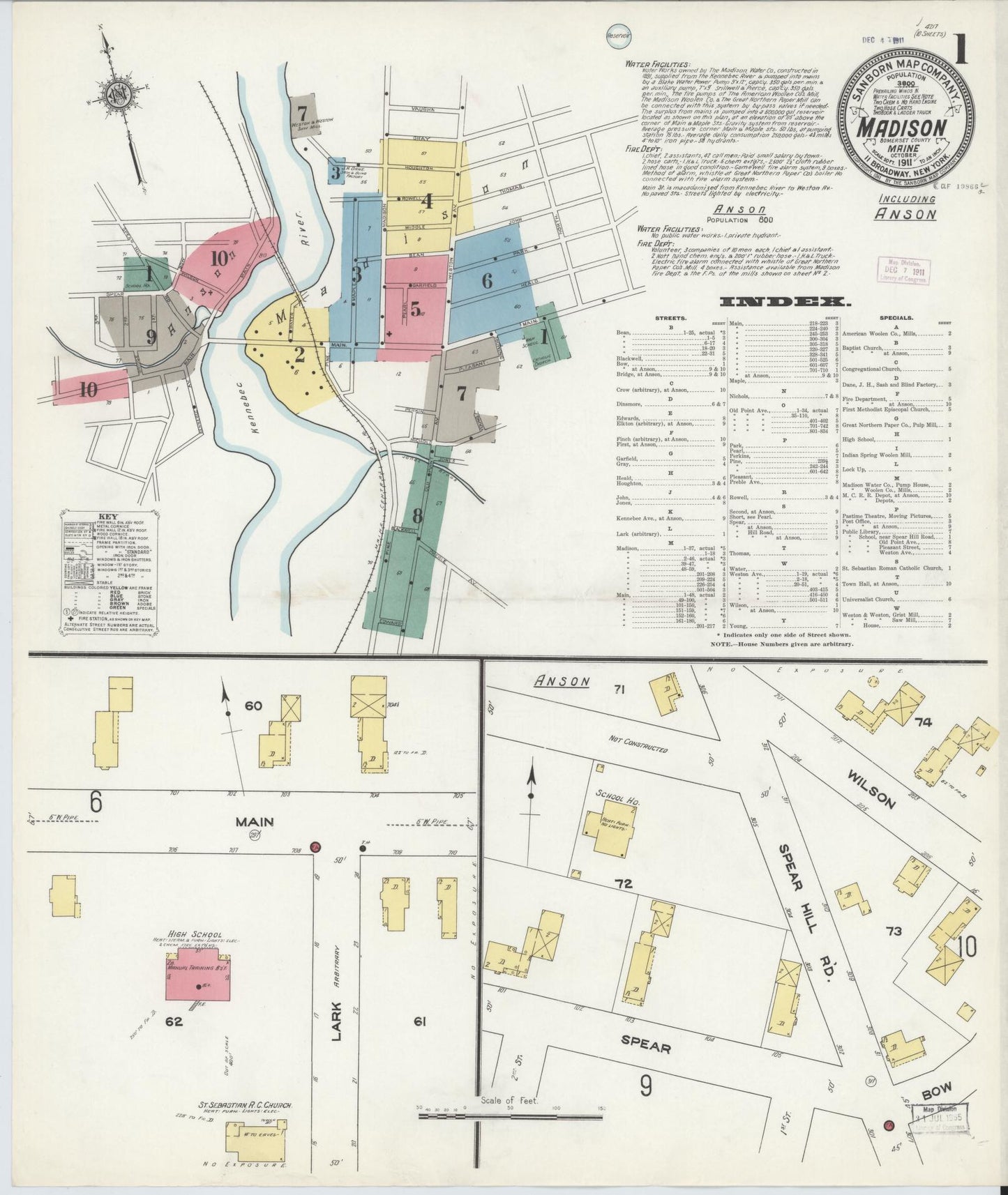 Sanborn Fire Insurance Map from Madison, Somerset County, Maine (1911), Sheet #0001 - Historic Sanborn Fire Insurance Map Print, vintage old map wall art, antique decor, genealogy gift, Maine Maine map