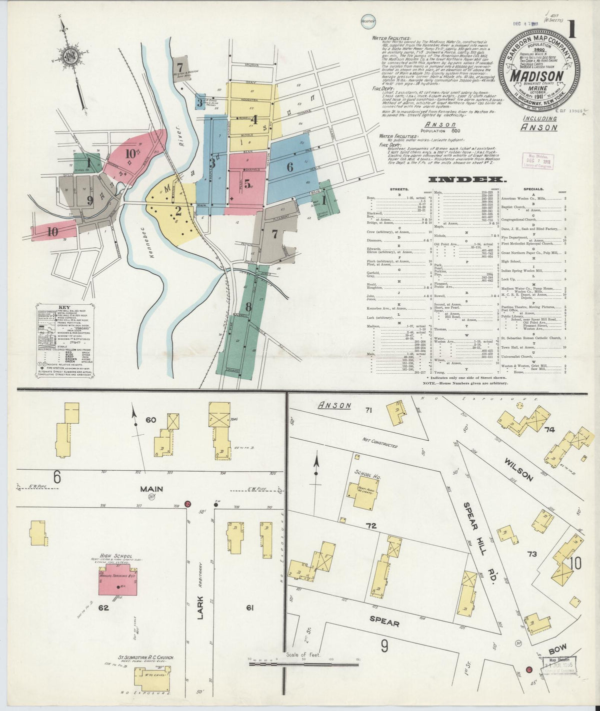 Sanborn Fire Insurance Map from Madison, Somerset County, Maine (1911), Sheet #0001 - Historic Sanborn Fire Insurance Map Print, vintage old map wall art, antique decor, genealogy gift, Maine Maine map