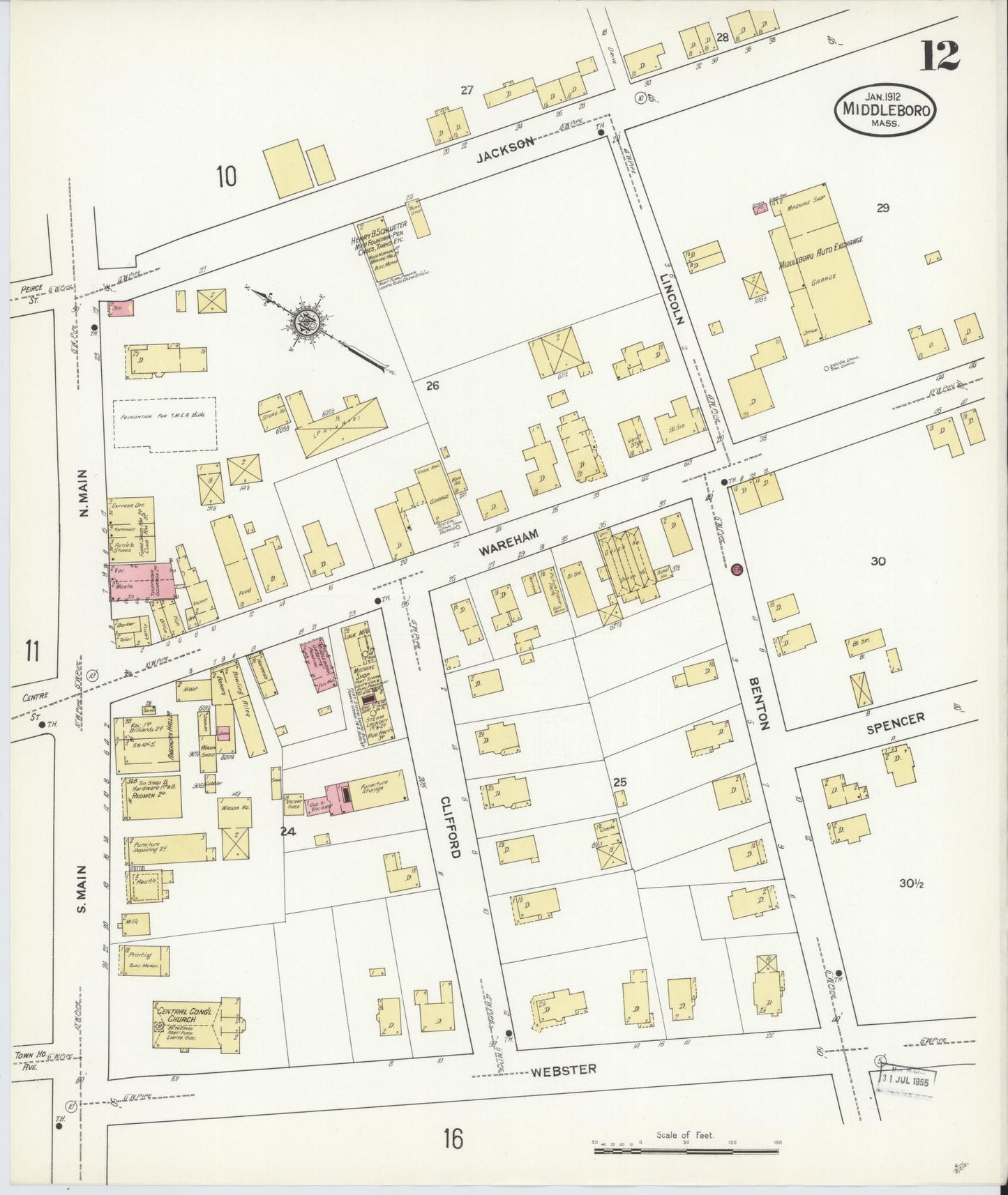 Sanborn Fire Insurance Map from Middleboro, Plymouth County, Massachusetts (1912), Sheet #0012 - Historic Sanborn Fire Insurance Map Print, vintage old map wall art, antique decor, genealogy gift, Massachusetts Massachusetts map