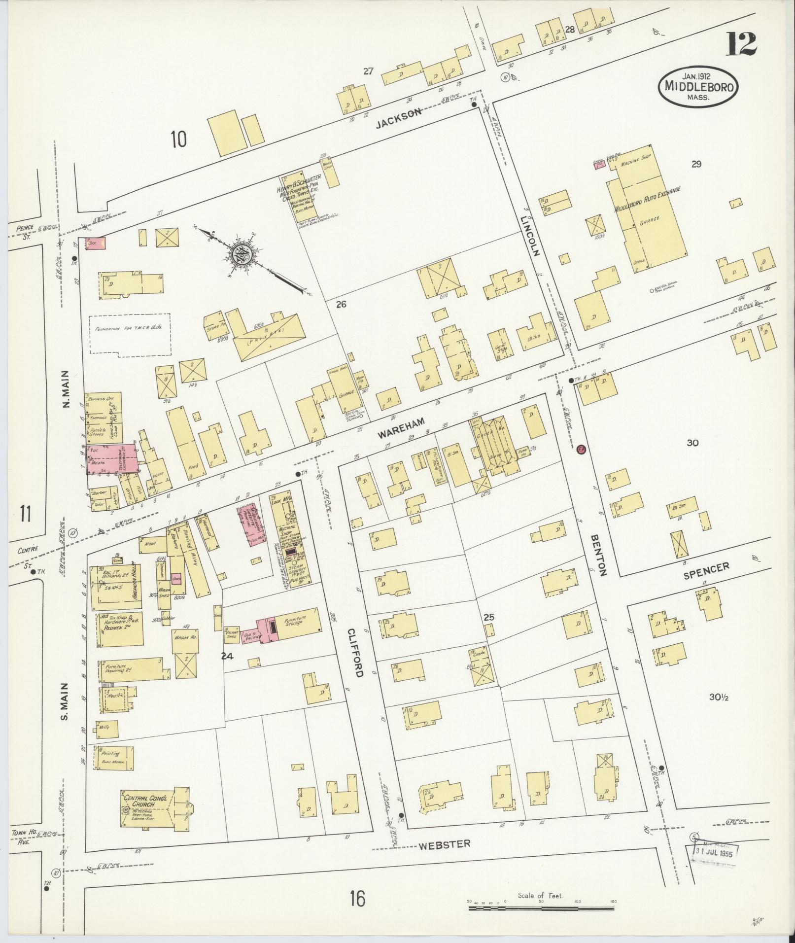 Sanborn Fire Insurance Map from Middleboro, Plymouth County, Massachusetts (1912), Sheet #0012 - Historic Sanborn Fire Insurance Map Print, vintage old map wall art, antique decor, genealogy gift, Massachusetts Massachusetts map