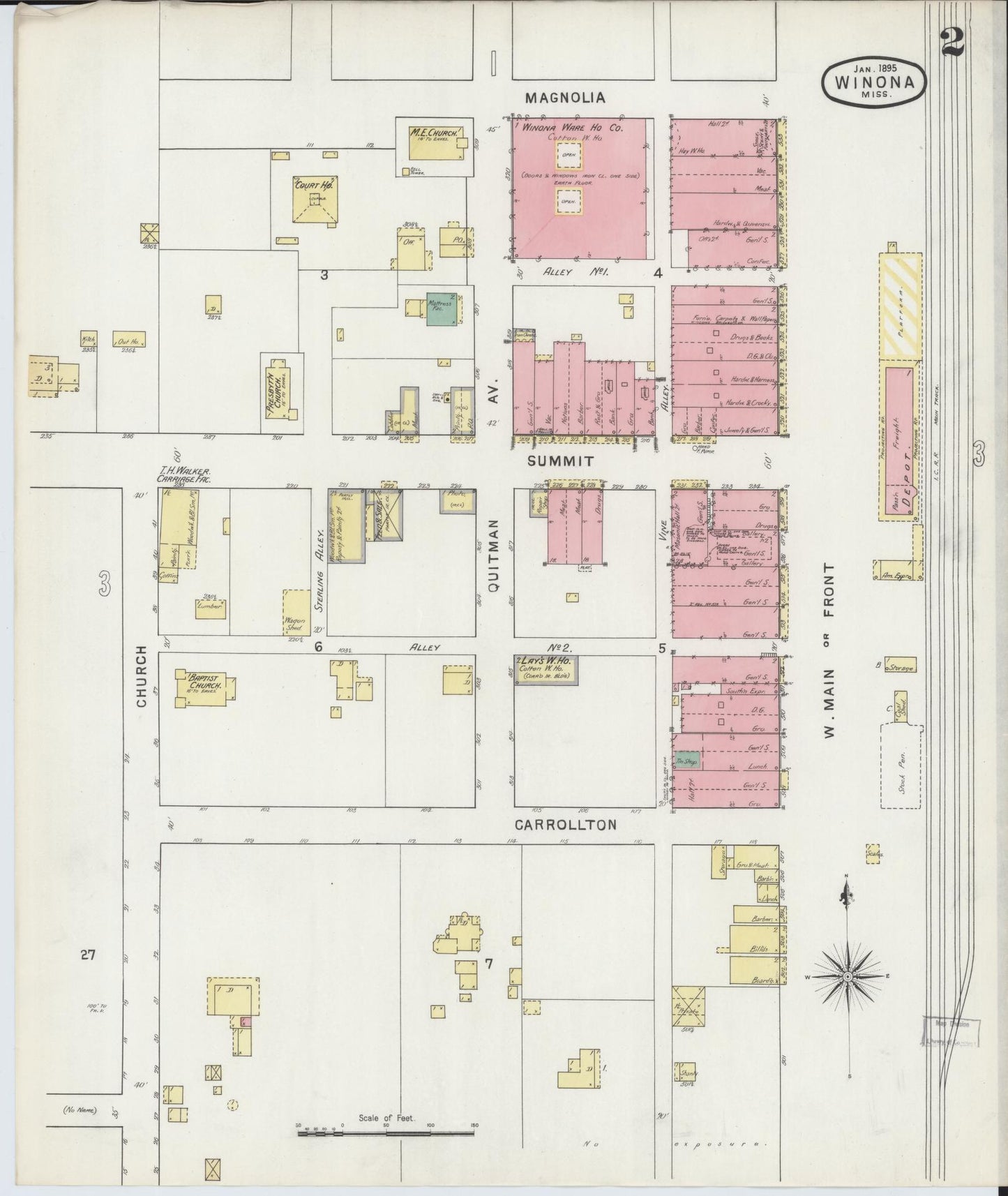 Sanborn Fire Insurance Map from Winona, Montgomery County, Mississippi (1895), Sheet #0002 - Complete Map Set gallery image, historic Sanborn map, vintage wall art, Mississippi Mississippi