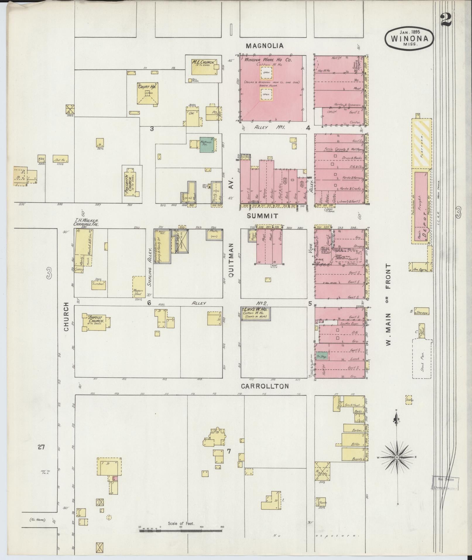 Sanborn Fire Insurance Map from Winona, Montgomery County, Mississippi (1895), Sheet #0002 - Complete Map Set gallery image, historic Sanborn map, vintage wall art, Mississippi Mississippi