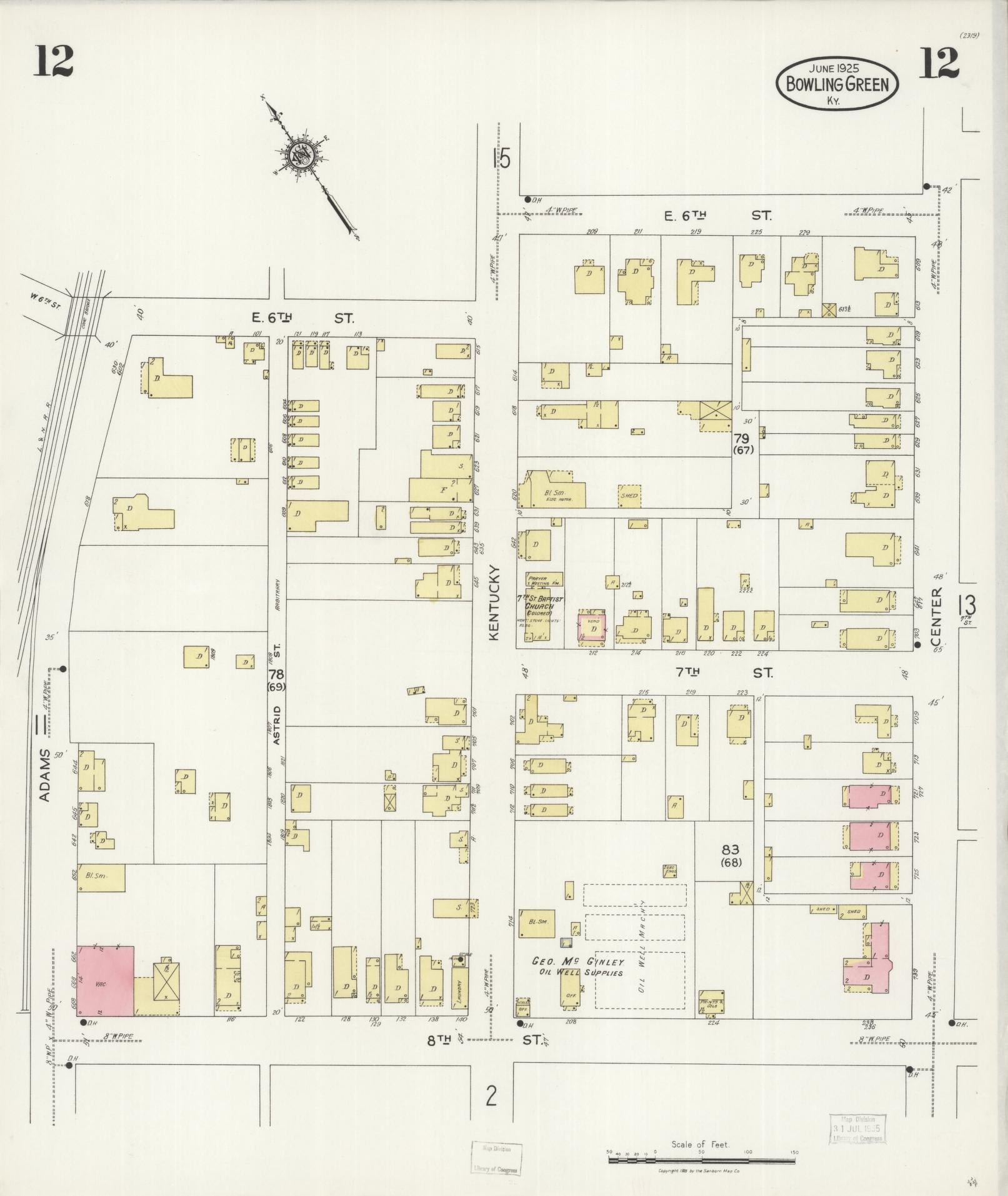 Sanborn Fire Insurance Map from Bowling Green, Warren County, Kentucky (1925), Sheet #0012 - Historic Sanborn Fire Insurance Map Print, vintage old map wall art, antique decor, genealogy gift, Kentucky Kentucky map