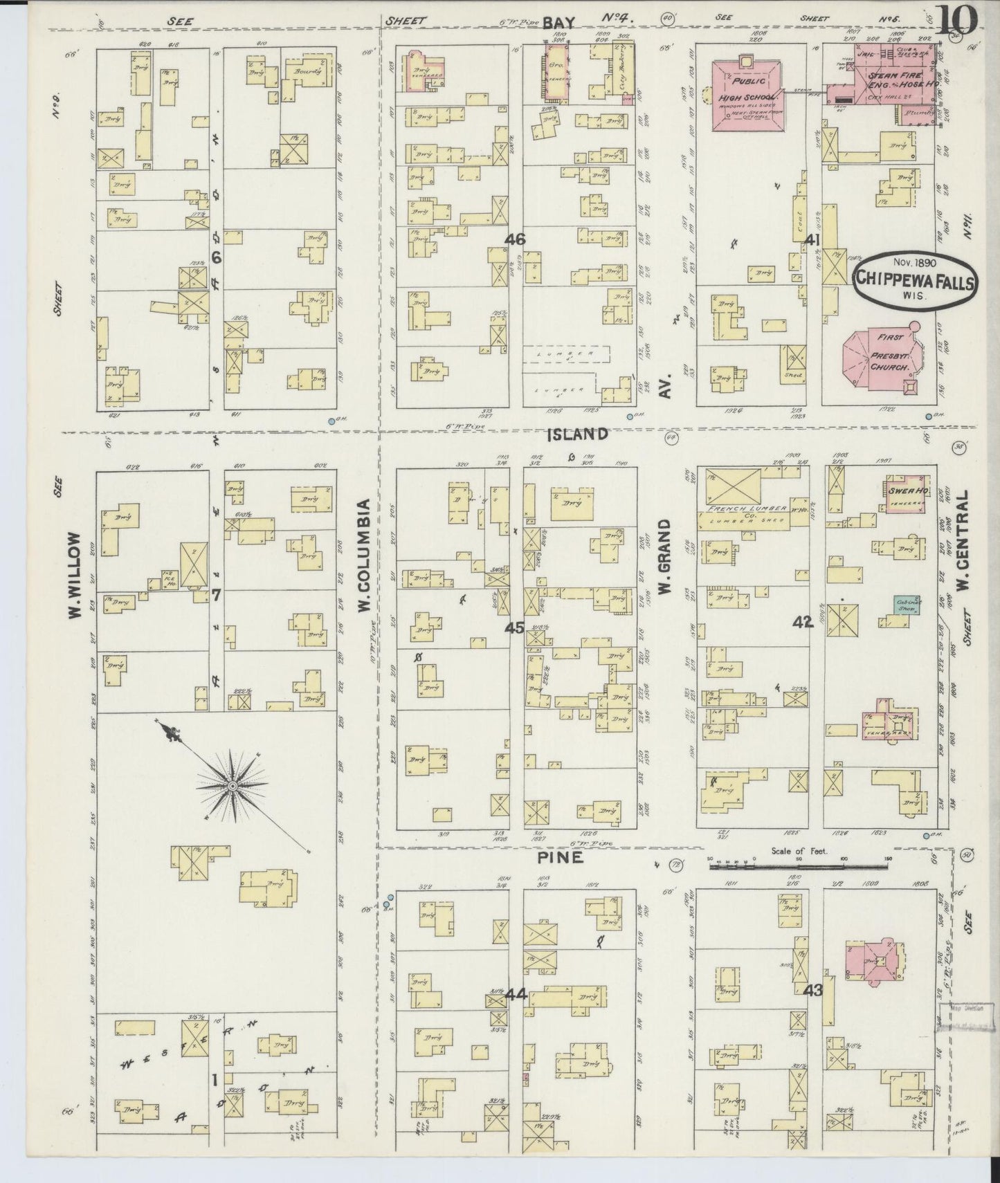Sanborn Fire Insurance Map from Chippewa Falls, Chippewa County, Wisconsin (1890), Sheet #0010 - Historic Sanborn Fire Insurance Map Print, vintage old map wall art, antique decor, genealogy gift, Wisconsin Wisconsin map