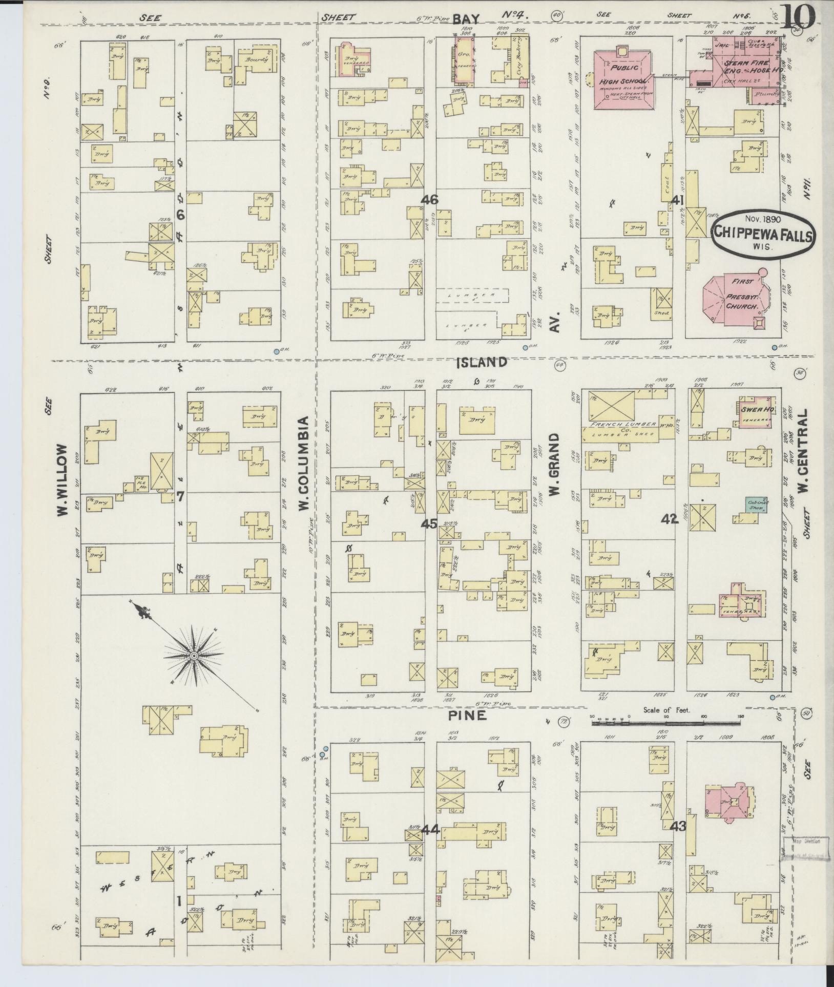 Sanborn Fire Insurance Map from Chippewa Falls, Chippewa County, Wisconsin (1890), Sheet #0010 - Historic Sanborn Fire Insurance Map Print, vintage old map wall art, antique decor, genealogy gift, Wisconsin Wisconsin map