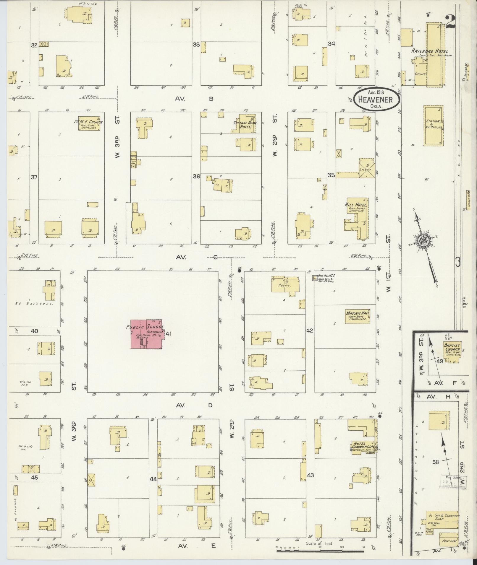 Sanborn Fire Insurance Map from Heavener, Le Flore County, Oklahoma (1913), Sheet #0002 - Complete Map Set gallery image, historic Sanborn map, vintage wall art, Oklahoma Oklahoma