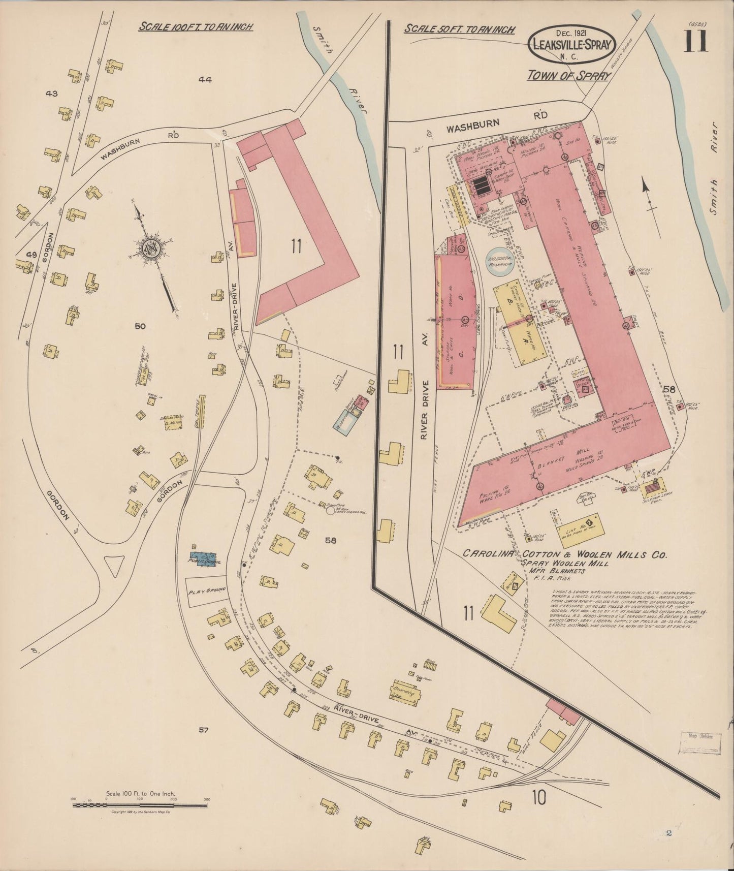Sanborn Fire Insurance Map from Leaksville-spray, Rockingham County, North Carolina (1921), Sheet #0011 - Historic Sanborn Fire Insurance Map Print, vintage old map wall art, antique decor, genealogy gift, North Carolina North Carolina map