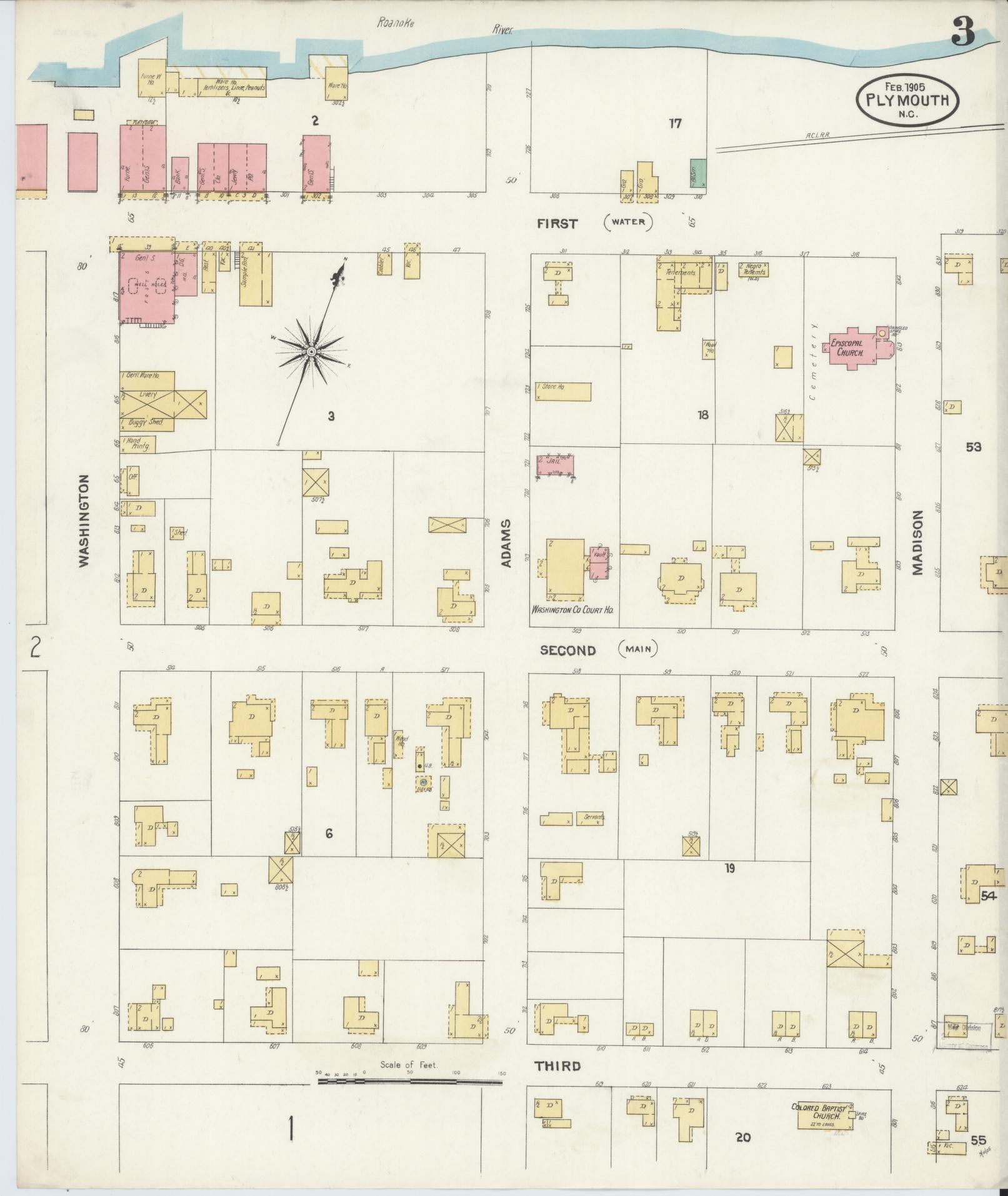 Sanborn Fire Insurance Map from Plymouth, Washington County, North Carolina (1905), Sheet #0003 - Historic Sanborn Fire Insurance Map Print, vintage old map wall art, antique decor, genealogy gift, North Carolina North Carolina map