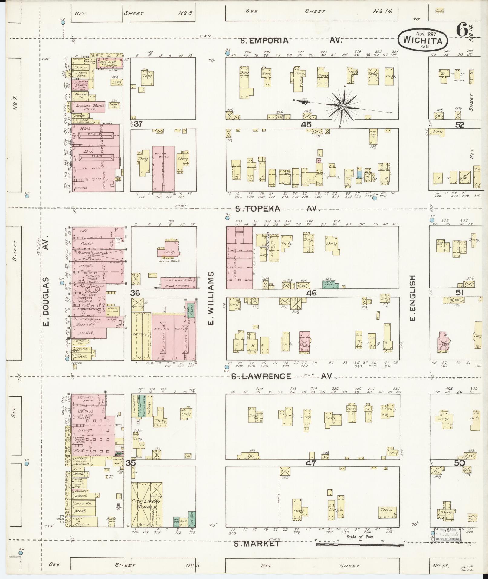 Sanborn Fire Insurance Map from Wichita, Sedgwick County, Kansas (1887), Sheet #0006 - Complete Map Set gallery image, historic Sanborn map, vintage wall art, Kansas Kansas