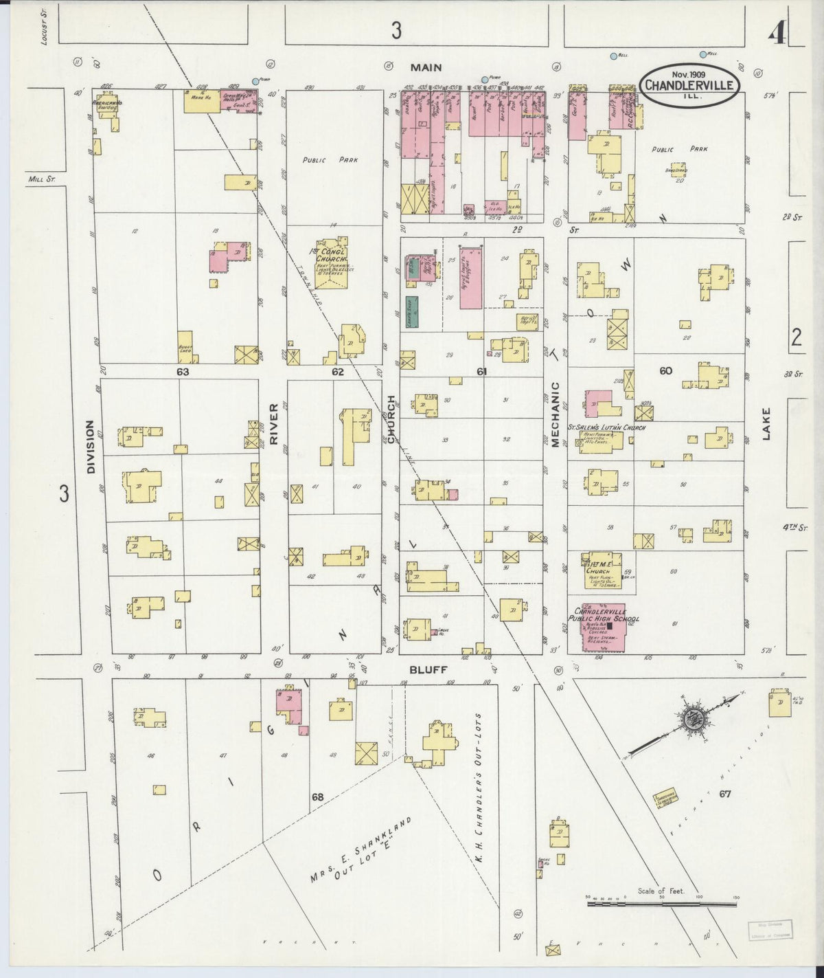 Sanborn Fire Insurance Map from Chandlerville, Cass County, Illinois (1909), Sheet #0004 - Complete Map Set gallery image, historic Sanborn map, vintage wall art, Illinois Illinois