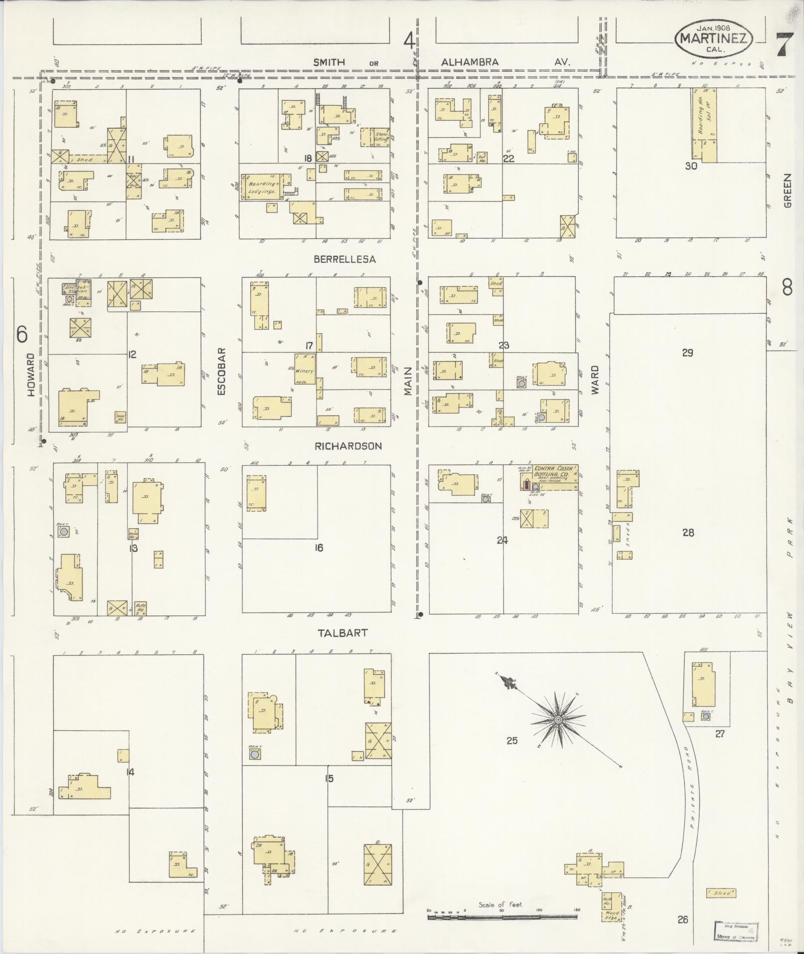 Sanborn Fire Insurance Map from Martinez, Contra Costa County, California (1908), Sheet #0007 - Historic Sanborn Fire Insurance Map Print, vintage old map wall art, antique decor, genealogy gift, California California map
