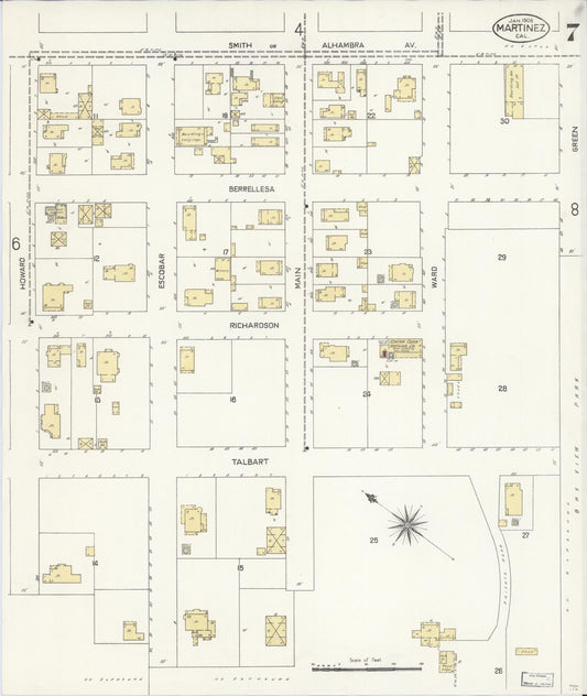 Sanborn Fire Insurance Map from Martinez, Contra Costa County, California (1908), Sheet #0007 - Historic Sanborn Fire Insurance Map Print, vintage old map wall art, antique decor, genealogy gift, California California map