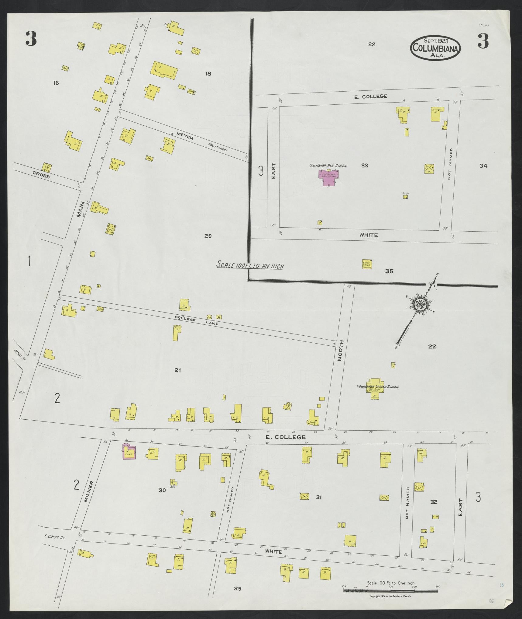 Sanborn Fire Insurance Map from Columbiana, Shelby County, Alabama (1923), Sheet #0003 - Complete Map Set gallery image, historic Sanborn map, vintage wall art, Alabama Alabama