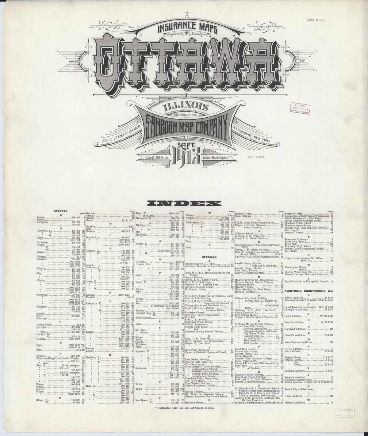 Sanborn Fire Insurance Map from Ottawa, La Salle County, Illinois (1913), Sheet #0001 - Historic Sanborn Fire Insurance Map Print, vintage old map wall art, antique decor, genealogy gift, Illinois Illinois map