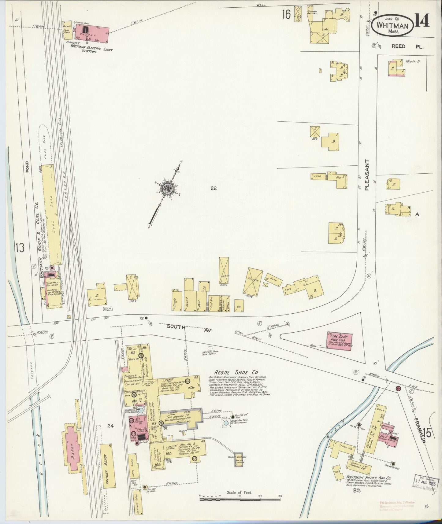 Sanborn Fire Insurance Map from Whitman, Plymouth County, Massachusetts (1911), Sheet #0014 - Historic Sanborn Fire Insurance Map Print, vintage old map wall art, antique decor, genealogy gift, Massachusetts Massachusetts map