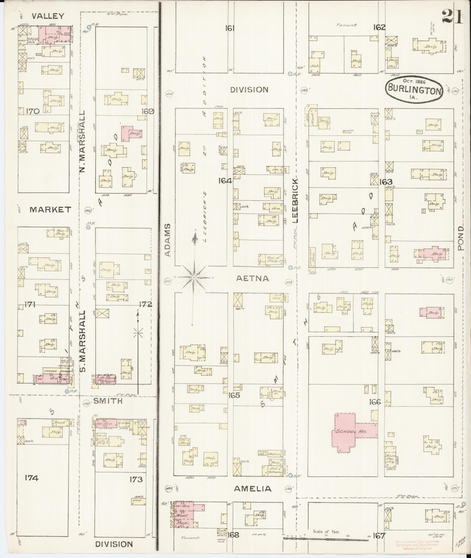 Sanborn Fire Insurance Map from Burlington, Des Moines County, Iowa (1888), Sheet #0021 - Historic Sanborn Fire Insurance Map Print, vintage old map wall art