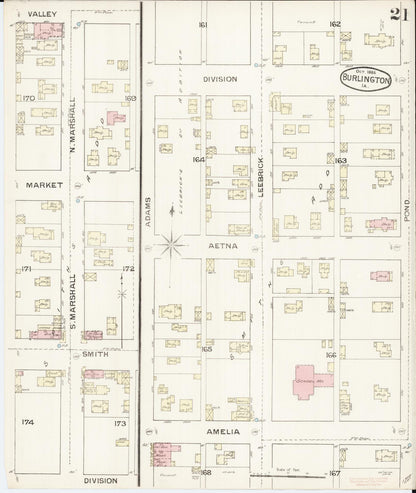 Sanborn Fire Insurance Map from Burlington, Des Moines County, Iowa (1888), Sheet #0021 - Historic Sanborn Fire Insurance Map Print, vintage old map wall art