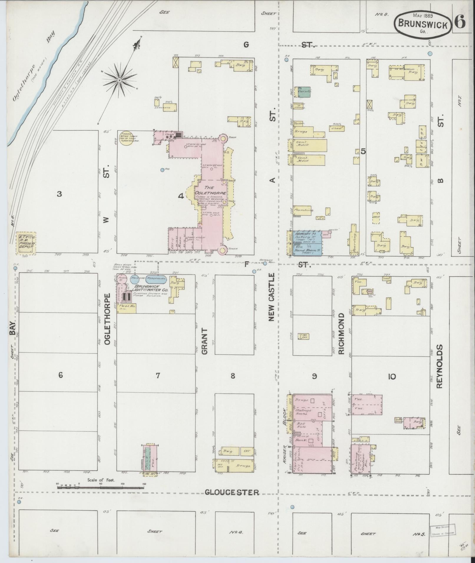 Sanborn Fire Insurance Map from Brunswick, Glynn County, Georgia (1889), Sheet #0006 - Historic Sanborn Fire Insurance Map Print, vintage old map wall art, antique decor, genealogy gift, Georgia Georgia map
