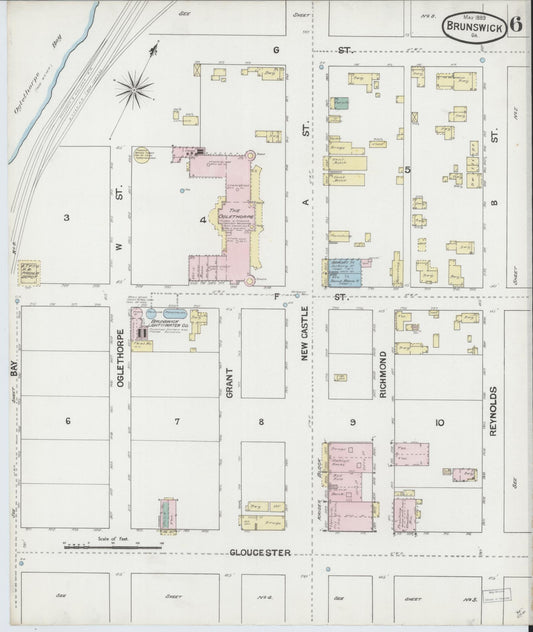 Sanborn Fire Insurance Map from Brunswick, Glynn County, Georgia (1889), Sheet #0006 - Historic Sanborn Fire Insurance Map Print, vintage old map wall art, antique decor, genealogy gift, Georgia Georgia map