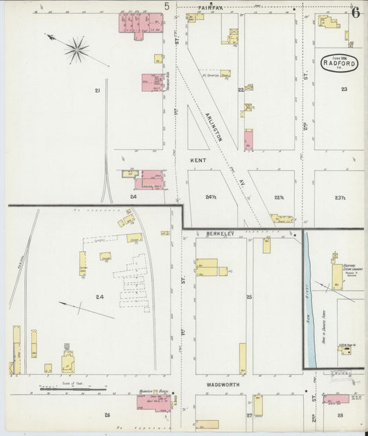 Sanborn Fire Insurance Map from Radford, Independent Cities, Virginia (1896), Sheet #0006 - Historic Sanborn Fire Insurance Map Print, vintage old map wall art, antique decor, genealogy gift, Virginia Virginia map