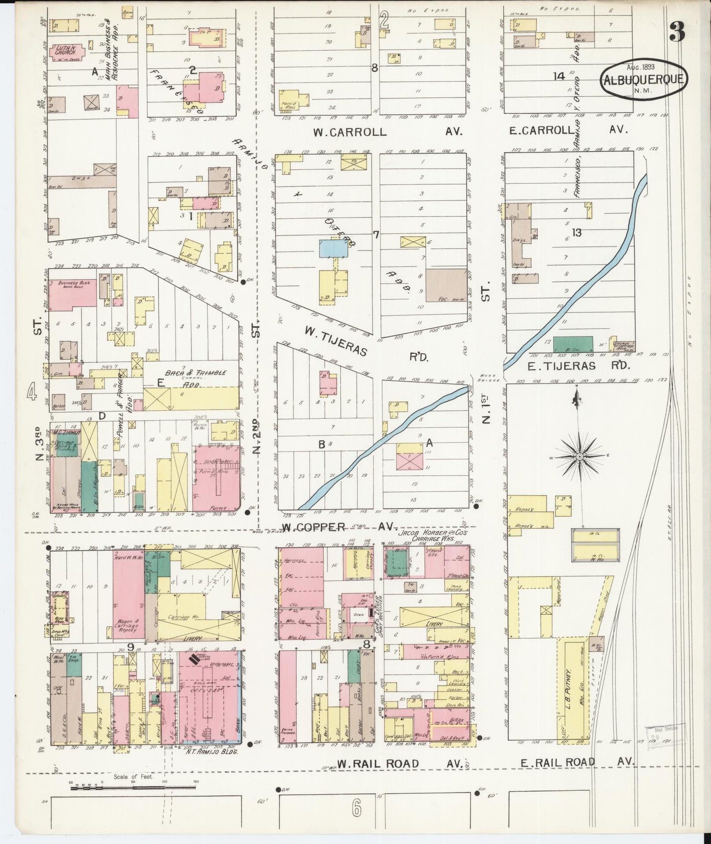 Sanborn Fire Insurance Map from Albuquerque, Bernalillo County, New Mexico (1893), Sheet #0003 - Historic Sanborn Fire Insurance Map Print, vintage old map wall art, antique decor, genealogy gift, New Mexico New Mexico map