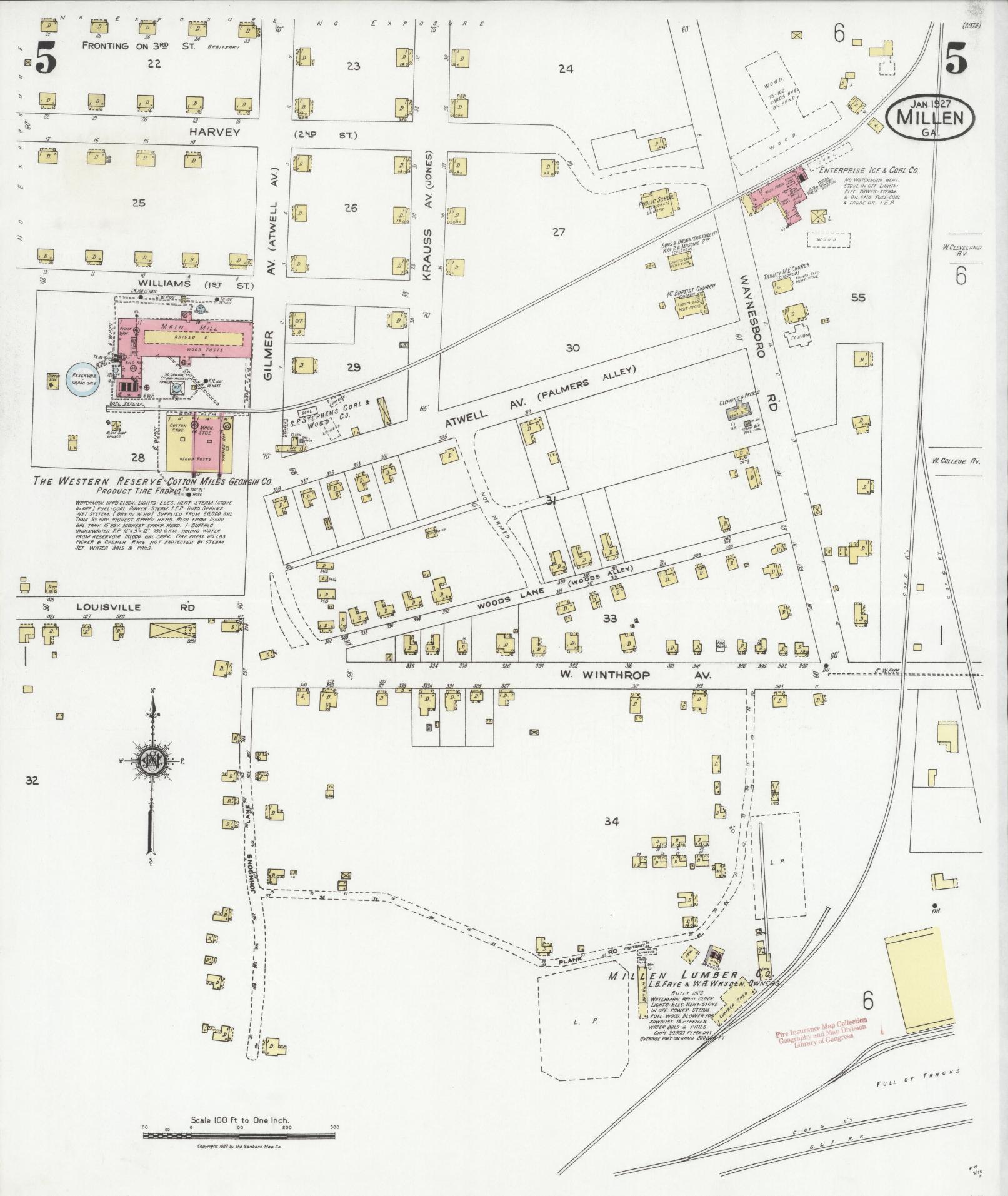 Sanborn Fire Insurance Map from Millen, Jenkins County, Georgia (1927), Sheet #0005 - Complete Map Set gallery image, historic Sanborn map, vintage wall art, Georgia Georgia