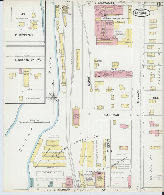 Sanborn Fire Insurance Map from Lansing, Ingham County, Michigan (1892), Sheet #0009 - Historic Sanborn Fire Insurance Map Print, vintage old map wall art, antique decor, genealogy gift, Michigan Michigan map