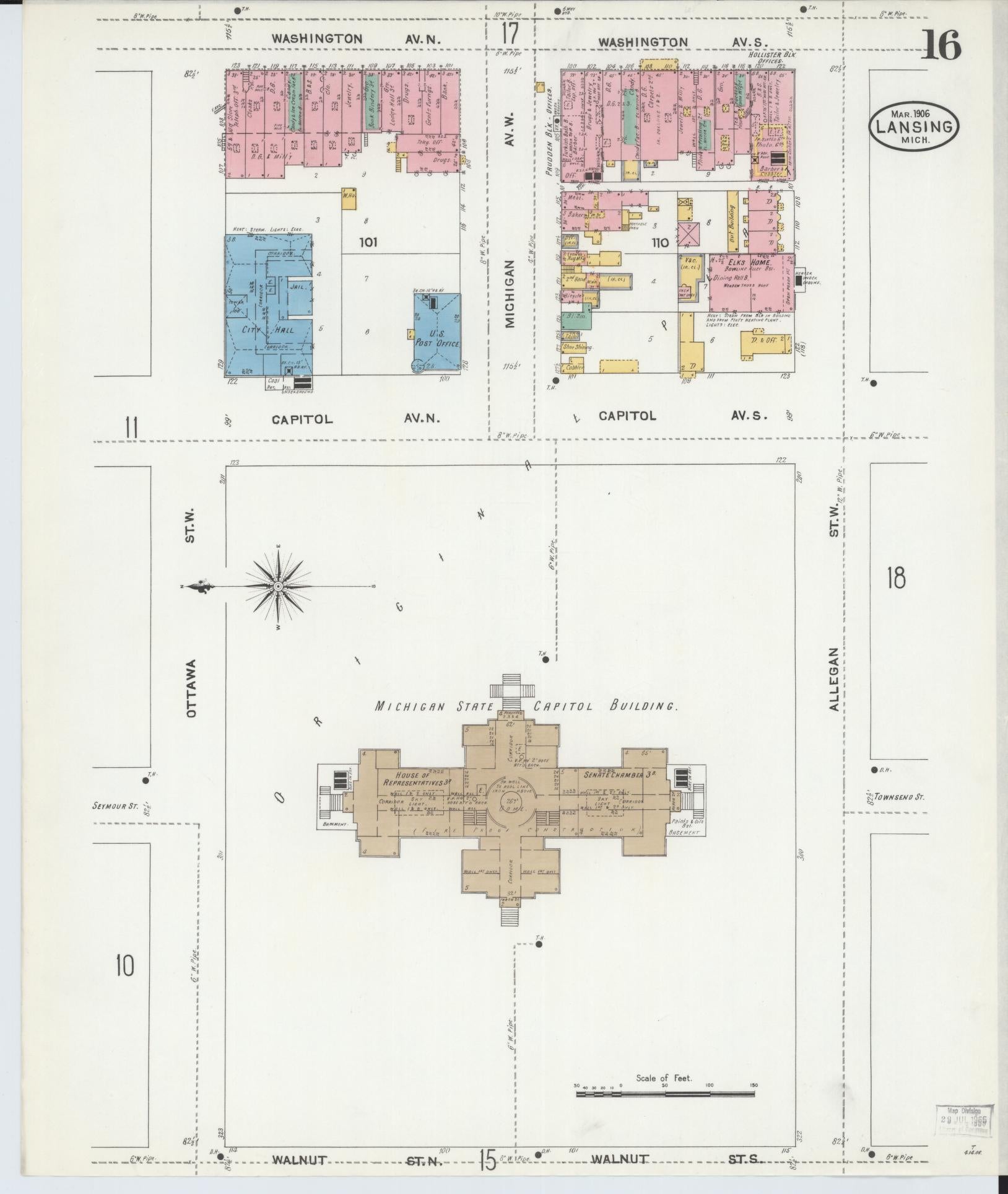 Sanborn Fire Insurance Map from Lansing, Ingham County, Michigan (1906), Sheet #0016 - Historic Sanborn Fire Insurance Map Print, vintage old map wall art, antique decor, genealogy gift, Michigan Michigan map