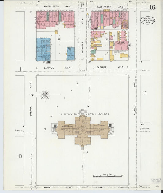 Sanborn Fire Insurance Map from Lansing, Ingham County, Michigan (1906), Sheet #0016 - Historic Sanborn Fire Insurance Map Print, vintage old map wall art, antique decor, genealogy gift, Michigan Michigan map