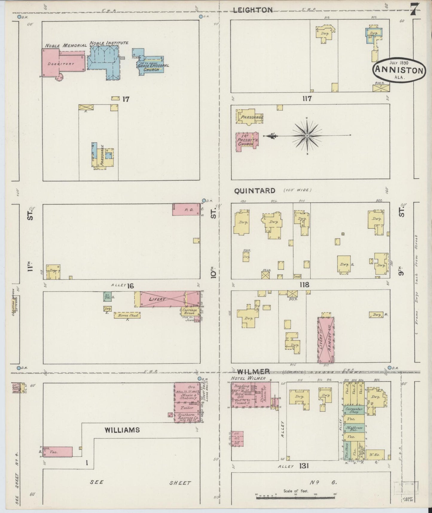 Sanborn Fire Insurance Map from Anniston, Calhoun County, Alabama (1890), Sheet #0007 - Historic Sanborn Fire Insurance Map Print, vintage old map wall art, antique decor, genealogy gift, Alabama Alabama map