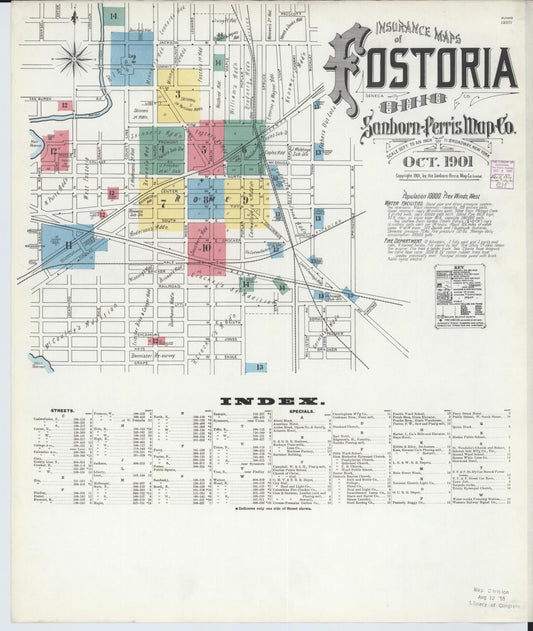 Sanborn Fire Insurance Map from Fostoria, Seneca, Hancock, And Wood Counties, Ohio (1901), Sheet #0001 - Historic Sanborn Fire Insurance Map Print, vintage old map wall art, antique decor, genealogy gift, Ohio Ohio map