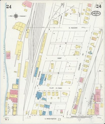 Sanborn Fire Insurance Map from Owosso, Shiawassee County, Michigan (1924), Sheet #0024 - Historic Sanborn Fire Insurance Map Print, vintage old map wall art, antique decor, genealogy gift, Michigan Michigan map