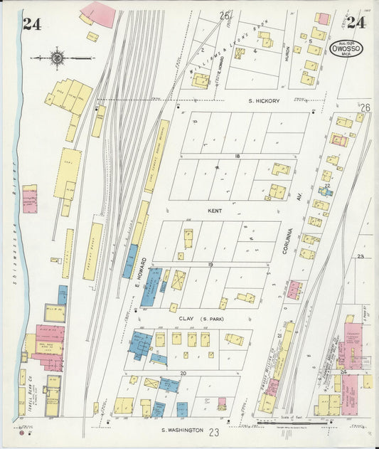 Sanborn Fire Insurance Map from Owosso, Shiawassee County, Michigan (1924), Sheet #0024 - Historic Sanborn Fire Insurance Map Print, vintage old map wall art, antique decor, genealogy gift, Michigan Michigan map