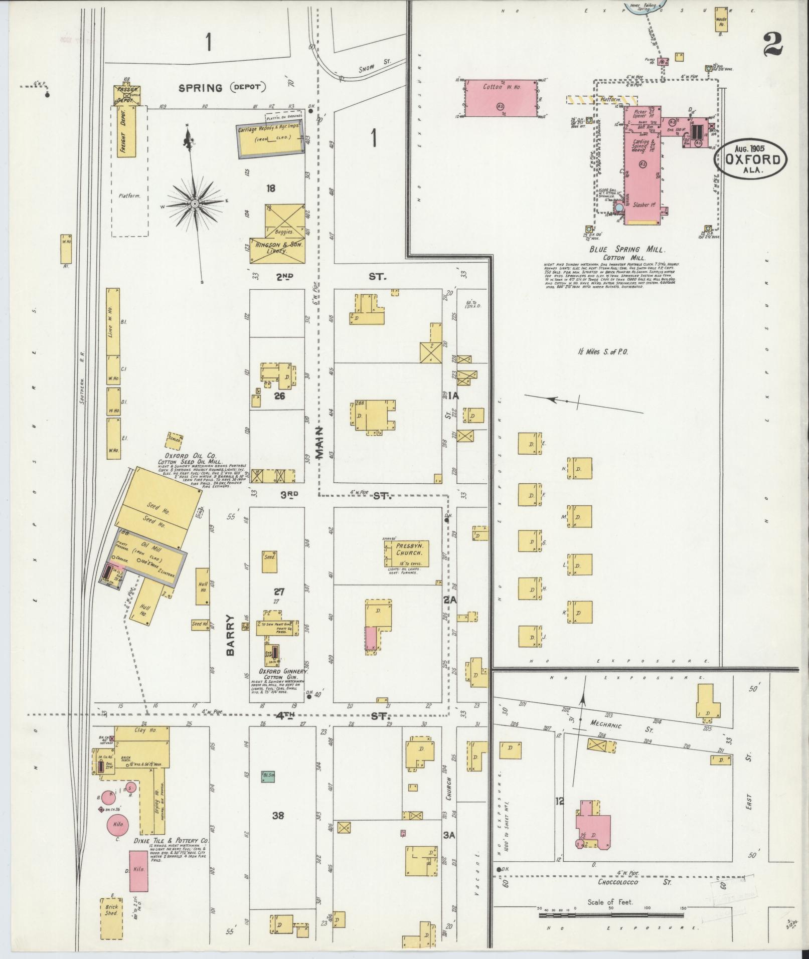 Sanborn Fire Insurance Map from Oxford, Calhoun County, Alabama (1905), Sheet #0002 - Complete Map Set gallery image, historic Sanborn map, vintage wall art, Alabama Alabama